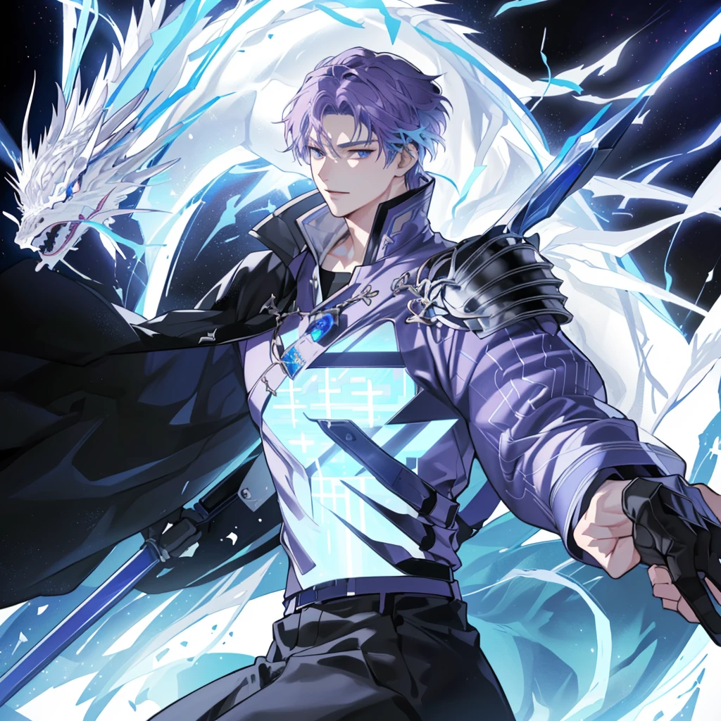 one

man,

30 years old,

Short purple hair, wearing armor,

Holding a silver spear in his hand, he laughs and his body emits blue energy.

Behind him (a huge holographic projection white divine dragon) fighting posture

HD quality,

Perfect details, highest resolution, 8k,

Two-dimensional animation style,

High-definition animation visual effects with clear faces and delicate lines,

Manga style Manga style Makot O00021