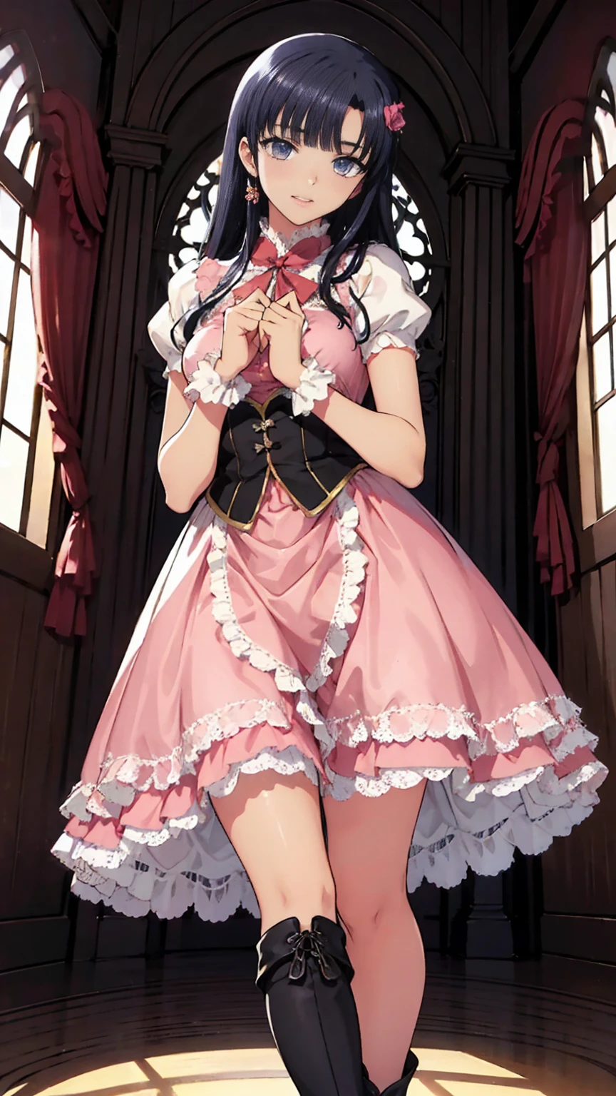 Anime Style、story、、Beautiful girls、とてもcute天使、Pink Gothic Dress、cute、baby face、smile、Long skirt、Black boots、Very cute headband
