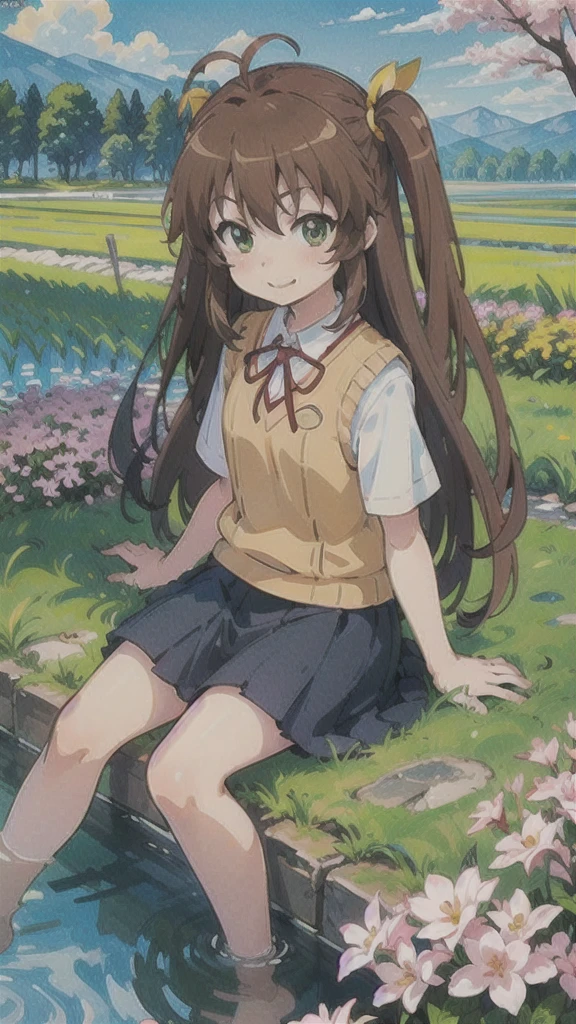 (One girl:1.1),(Koshigaya Komari:1.3),(Non Non Biyori:1.1)Gradient Hair, countryside,Rice field, Flowers and plants, blue sky, Glass窓, scenery, Light perception, Soft sunlight, Green Eyes, two side up,((Brown Hair)), Long Hair, School uniform, Yellow sweater vest, White shirt, Dark blue skirt, antenna hair, ribbon, ((masterpiece, Best Quality, Best Quality, Official Art, beautifully、aesthetic:1.2)),((beautiful detail eyes:1.3)),Extremely detailed, colorful, Best details, Ultra High Resolution, Visually stunning, nice, Abstract art, Extremely detailedな壁紙, Multicolor background, whole body, water, building, Landscape, Skyline, countryside, tree shade, Outdoor, (The beauty of space, colorful hair:1.2), Reflection of light, Glass, cherry blossoms,  Sitting, gentle smile