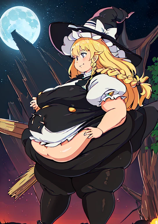 ((best quality, 4k, 8k, anime girl, masterpiece)), ((((beautiful extremely detailed face, beautiful eyes)))), glowing eyes, blue eyes, cinematic lighting, ((perfect anatomy)), (((chubby, SSBBW, huge breasts, obese, tall, thick legs, huge breasts, (stand up), wide belly, wide breasts, smooth belly))), ((marisa kirisame)), (((black vest, buttoned blazer, short sleeves, witch hat, black tights))), (full body view), ((long hair, blonde hair, bangs, braid)), ((thick outlines, anime style, vibrant colours)), simple background, (cool smile), side view,