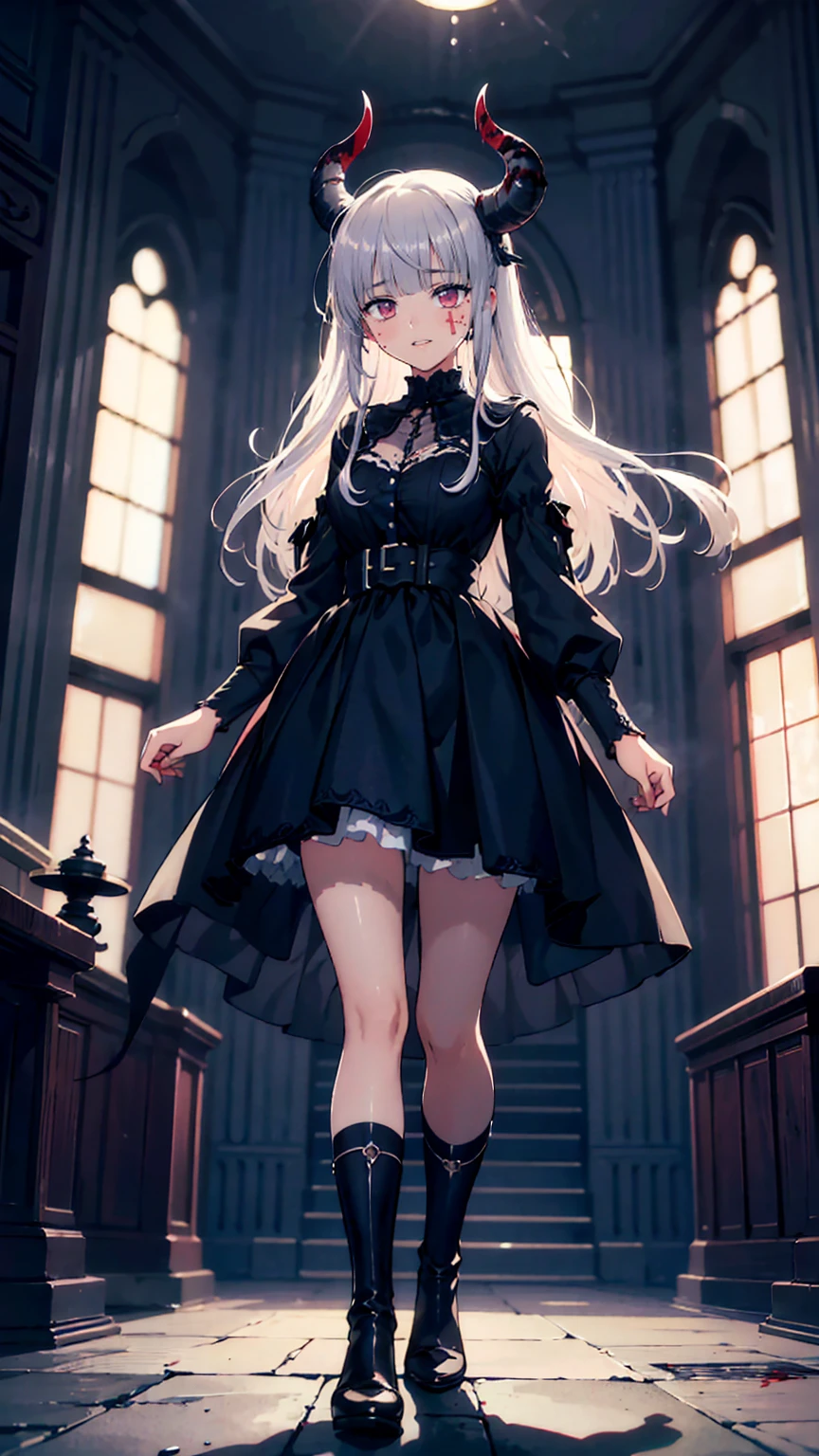 , Perfect Eyes, Soft light, High image quality, 4K resolution, masterpiece: Fine skin, Attention to detail, 最High image quality, Awards, Very detailed, High image quality, devilの女王、Horned goat, Gothic Dress, Living in the depths of hell, Lava flow, Blue long hair, blue eyes, Red High Heels, Navy Blue Dress、Shadow Face　、Have a weapon、Staring at the audience with a look of fear、beautifulgirl、とてもcute天使、Pink Gothic Fashion、cute、baby face、smile、Long skirt、Black long boots、.(最High image quality,4K,High resolution,masterpiece:1.2),Very detailed,Realistic:1.37,Spooky altar background,Dark fantasy,Red color scheme,Ominous atmosphere,Eye-catching,Anatomy of a story,Anime Style,Concept Art,beautifulAttention to detail顔と (((Red eyes ))),A terrifying ritual ,devilの儀式,Premature death,Inappropriate behavior,クレイジーなsmile,Scythe Face,Girl Monster, beautiful繊細な顔立ち, Sharp Eye, Sharp Fangs, pale Skin, Dark Background Cinema Lighting, Dramatic Shadows, Gothic style, Spooky atmosphere, Dark fantasy, 1 person&#39;S, Please open your mouth wide, Open your mouth and bar your teeth,Sharp teeth like a beast, Wide lips, Very wide mouth, Red cheeks, ,(Blood splatter:1.4),Scary smile, smile,Angel Design, TwiSted smile、Bloody、Head bleeding,,,,,、Blood splatter、,(Blood splatter:1.4),skull,devil&#39;gun,Horror Style, ((Fantasy Sweet Ta Frill Pink Costume)), ((Flowing blonde hair)), ,(Blood splatter:1.4),Female Curves, Sexy flat stomach, Perfect hands, Perfect anime character face, (Pink Tata Dress)), standing, ((邪悪なsmile)), ,(Blood splatter:1.4), Steam circulation, Moonlight Illumination, night lighting, (Blood splatter:1.6),アニメAngel Design, TwiSted smile、Bloody、Head bleeding,,,,,、Blood splatter、,(Blood splatter:1.4), skull,Gothic architecture、Western architecture、ファンタジーのworld、,Victorian city, Skeleton Gas Light,Absurd, High resolution、 ((Tabletop)), ((最High image quality)), (Very detailedな), ((Very detailed)), (beautiful), ((cute)), (NFSW:1.8), 1 personで,(:1.6)、(world&#39;最も恐ろしく不気味なdevilの少女:1.5)beautifulface、Full Body Ezbian、pale, beautiful肌、beautiful金の髪、smile gently、Dark building ruins、(snow white&#39;Frill dress:1.3)、(The dark ruins are stained with blood:1.3)、Low angle full body shot、(girl is Standing in a pool of blood:1.5)、(The ground is full of blood:1.3)、(The girl lost a lot of blood.......:1.3)、(クレイジーなsmile:1.6)、Spirits、(Blood dripping from the mouth:1.3)、

