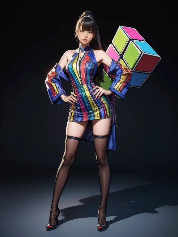 Full Body Shot, Very detailed, The costume colors were inspired by a Rubik&#39;s Cube、8k, Actual Photos, Impressive lighting, Dynamic action poses, Great energy effect, Black and red color palette, Simple costume design, Advanced Technology, Heroic and powerful, With a large waterfall in the background、Standing。