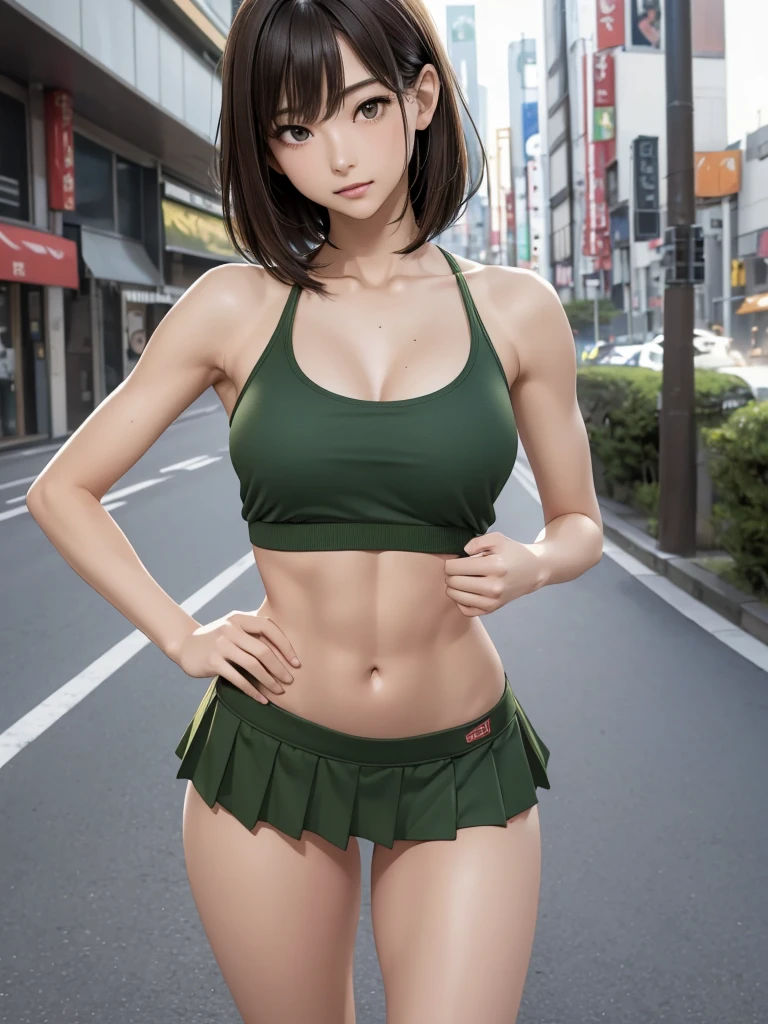 8k, Best Quality, The real picture, Intricate details, Very detailed, Ultra-high resolution, Depth Field, Tabletop, (Full Body Shot), (1 girl), (Standing pose), eye_Chan, so beautiful, innocent big eyes, Highly detailed cute girl, 20 years old, (Brown Hair), (Medium Bob Hair), (Sports bra), ((Dark green mini flared skirt)), (Trained abdominal muscles), (Well defined abdominal muscles), (Long, slender legs), Physically sporty, Young slim gravure idol, Slim girl photos, Slim girl model photo, Japanese Model, Her belly button is exposed, Young beautiful gravure idol, Attractive body, Young Gravure Idol, blush, Parted lips, Watching the audience, (On the streets of Tokyo)