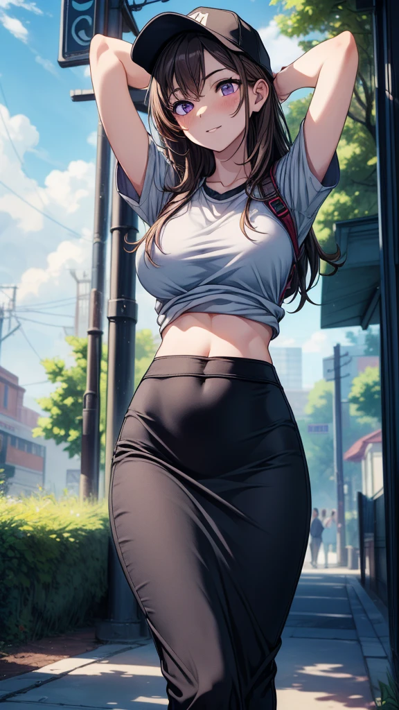 (8k, RAW Photos, 最high quality, masterpiece:1.2), high qualityのRAWカラー写真, Professional photo shoot, Cinematic Light, alone, (((young woman, Gal))), (Sharp features), (Small face), (Skin with attention to detail:1.2), clavicle, Cute Face, beautiful appearance, Long eyelashes,Girl Turning Around, smile, (Black Hair, Long straight line), Tank top, Tight leggings, Birds chirping, Confident attitude, Capture the happy moment, Artistic painting,Attractive thighs, sneakers:1.2, (A very fine touch:1.2), (はにかんだsmile), Peaceful atmosphere, Oil painting style, Bright colors, (Are standing:1.5, lean on a tree, Full body portrait), Smooth texture, Gazing Eyes, beautiful Skin, Shiny skin, ((Perfect Fingers, Five Fingers, Anatomically correct)), Background Blur, high quality, Surreal, ((Very detailed, photo shoot)),thin、showing her 、beautiful Abs、Baseball cap、Sweaty、beautiful 、Take off your pants