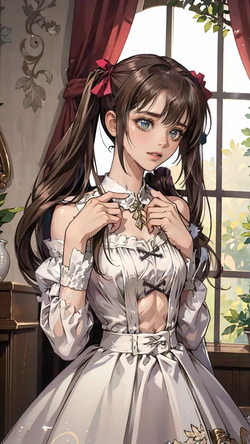 My Grandmother、Shiny brown hair,  (beautiful brown eyes、Shining Eyes, fine grain)、smile、Very detailed eyes、非常にDetailed face, Highly detailed eyes,Cowboy Shot、


Masterpiece Top quality, High resolution, One Girl, Detailed face, , Anime CG Style, (Medium Chest), (1 girl:1.3), (Twin tails), Good lighting, Perfect body, Glossy lips, View your viewers, garden, , crop top off shoulder,, Curvy, 
