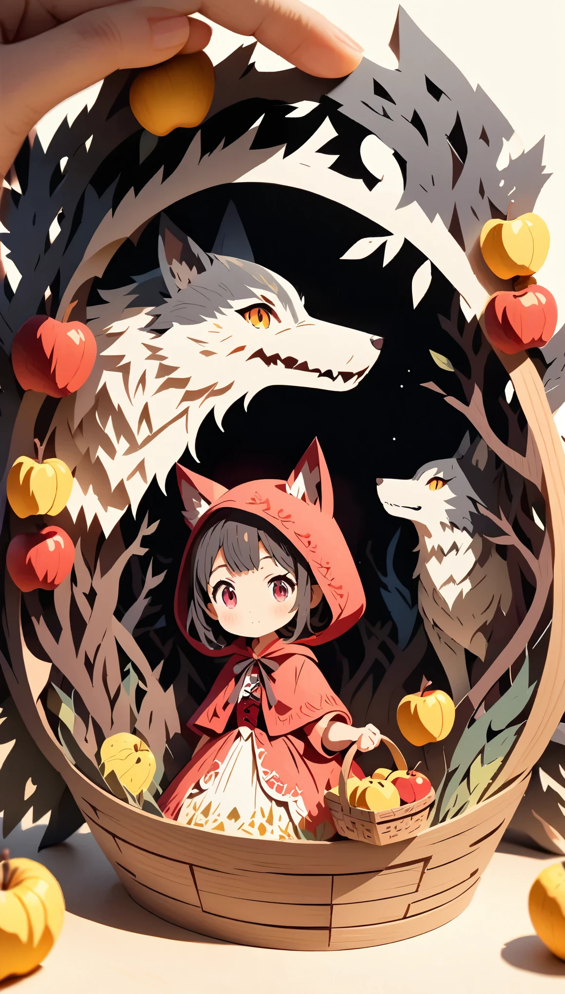 (masterpiece:1.2), (Best Quality:1.2), Ultra-high resolution, Very detailed, Perfect lighting, Little Red Riding Hood, Black Hair, Otherworldly fantasy, Wolf behind,cute, holding a wooden basket full of apples, Pastel colors, Paper cutting art,Flat paper cutout, Anime style illustration,Anime illustration, White background, PAPERCUT