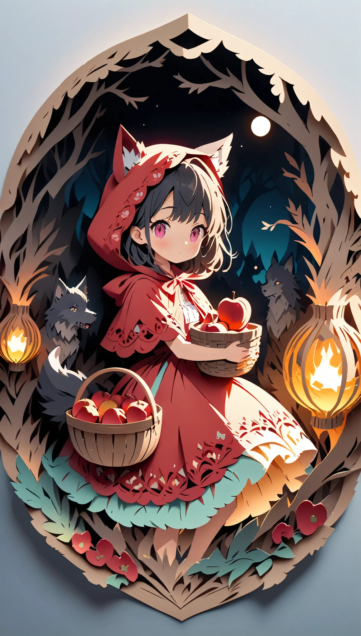 (masterpiece:1.2), (Best Quality:1.2), Ultra-high resolution, Very detailed, Perfect lighting, Little Red Riding Hood, Black Hair, Otherworldly fantasy, Wolf behind,cute, holding a wooden basket full of apples, Pastel colors, Paper cutting art,Flat paper cutout, Anime style illustration,Anime illustration, White background, PAPERCUT