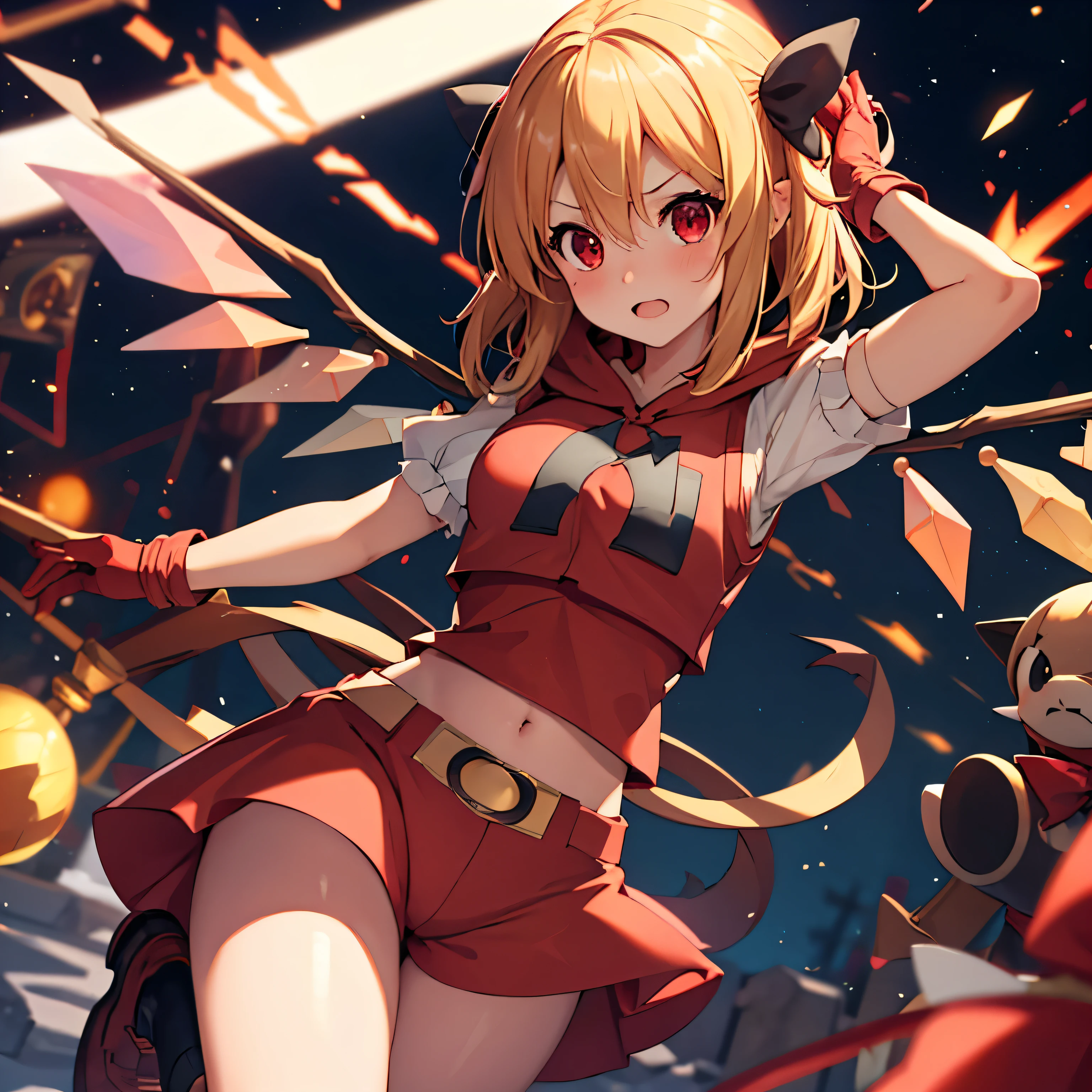 (insanely detailed, beautiful detailed face, masterpiece, best quality), ((masterpiece)),((best quality)),(highres), bokeh, looking at viewer, solo, 1girl, cowboy shot, pkmntmg, tmgoutfit, fake horns, ((hoodie)), red shorts, gloves, red boots, small breasts, flandre_scarlet_touhou, blonde_hair, wings, red_eyes, crystal, bangs, one_side_up, ribbon,bow, blush, vest, red_vest, hair_between_eyes, red_bow, red_ribbon, short_hair