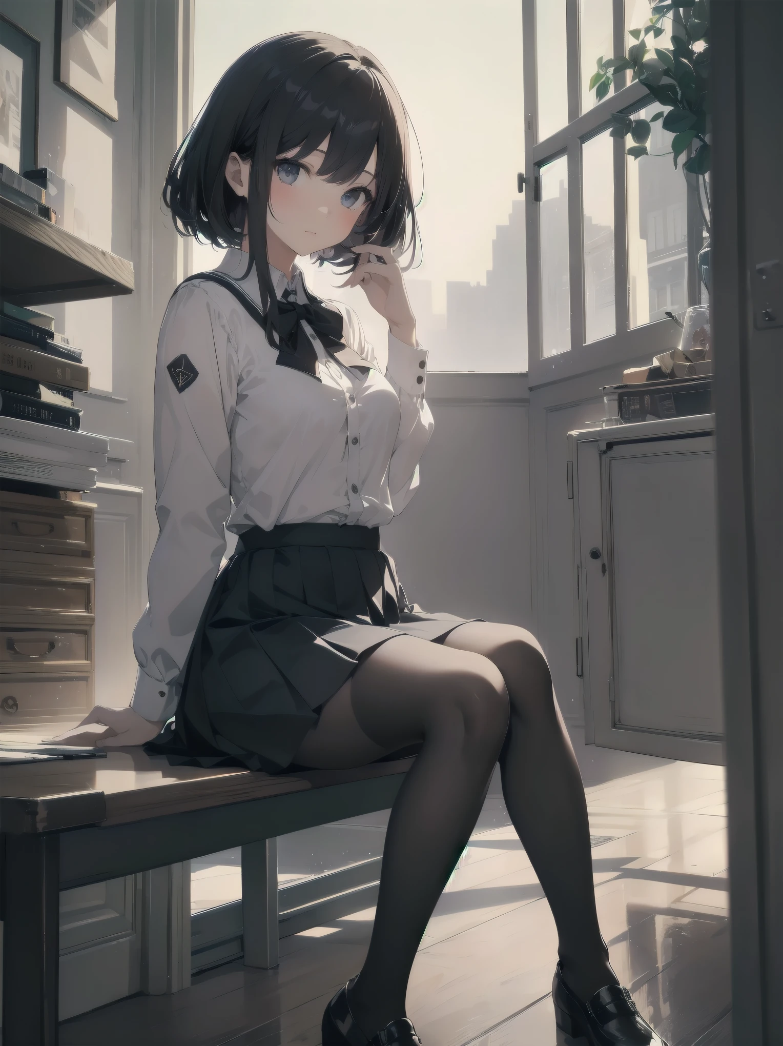 Young schoolgirl in short shorts and black nylon pantyhose in the classroom, She shows her feet to her teacher, The girl is sitting at the table in front of the camera