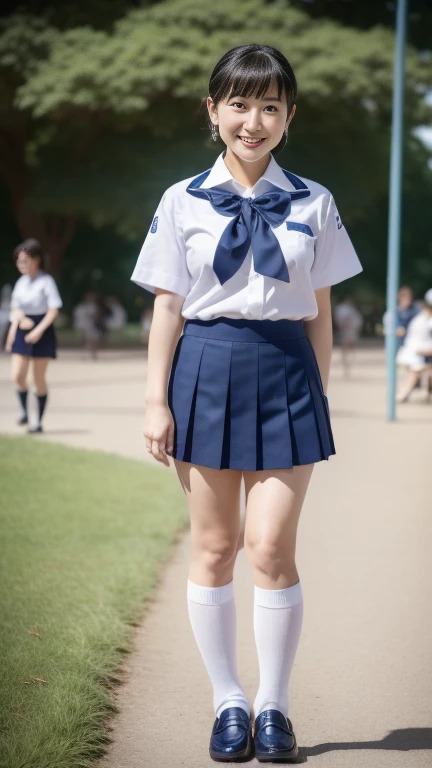 Japanese Mature,4,White skin,plump body,Large Breasts,Emphasizes plump thighs,Earrings,(Japanese High School Uniform,Short sleeve shirt,Ribbon on shirt,Ultra short pleated micro mini skirt,Navy blue socks,Wearing loafers:1.2),(Standing in the park,Full body shot from head to toe:1.5),looking at viewer,smile, surrealism, depth of field, from below, Sony FE, 8k