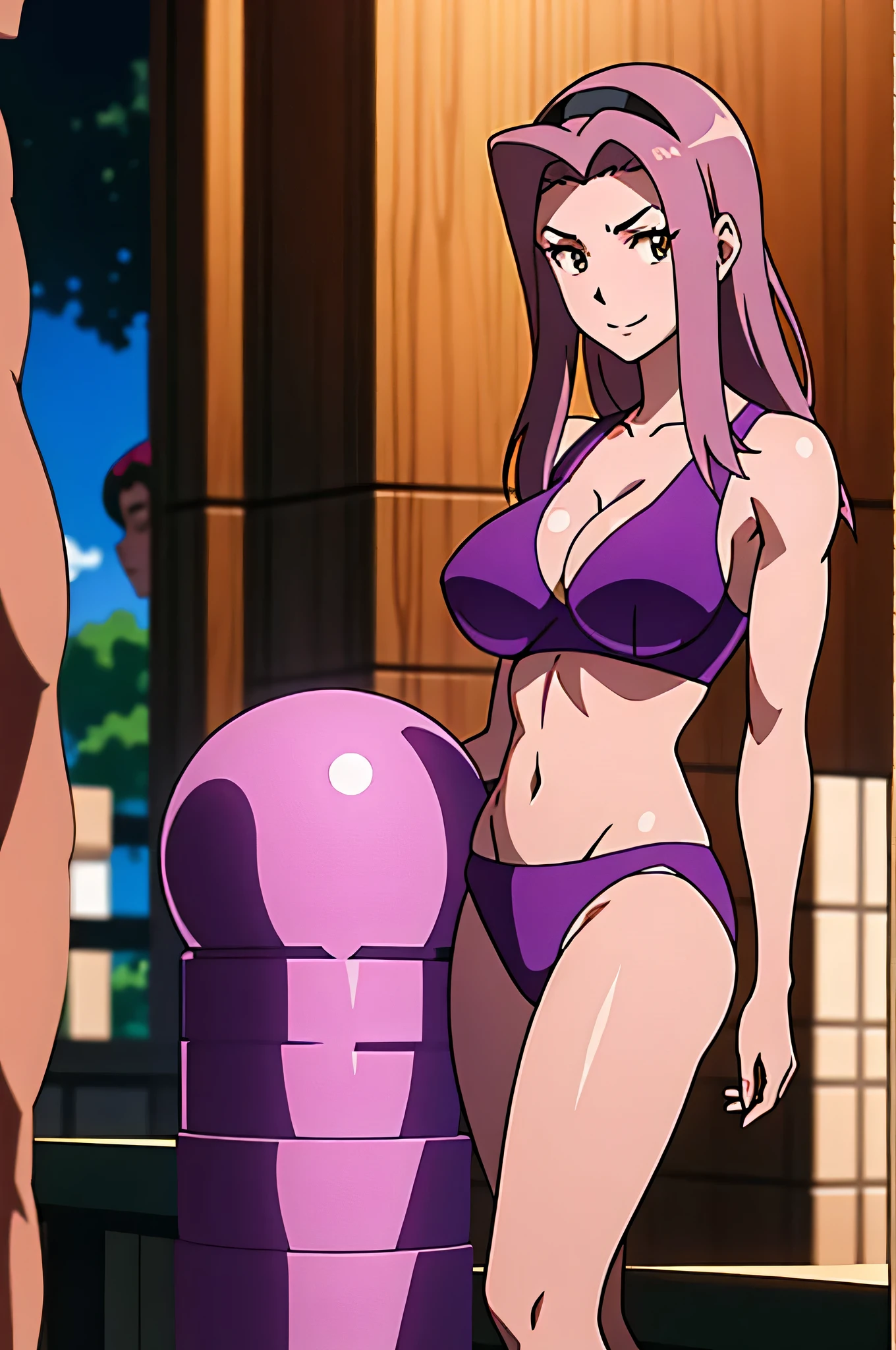 Big breasted anime woman showing off her cleavage and nipples, Attractive anime women, (SFW) Safe for Work, alone, Woman with long purple hair, Brown eyed woman, Teasing Smile, Boobs, clothing:Bra, With very large breasts, cleavage, navel, collarbone, 紫のBraを着た女性, Woman wearing purple panties, Attractive anime woman, Muscular Woman, Feminine and muscular, Braの着用, wearing panties, Only underwear, Tall Woman, Adult sex appeal, Your boobs, had very large breasts, Big Tits Same!, Ecchi anime style, Bra and panty only, [ 4k digital art ]!!