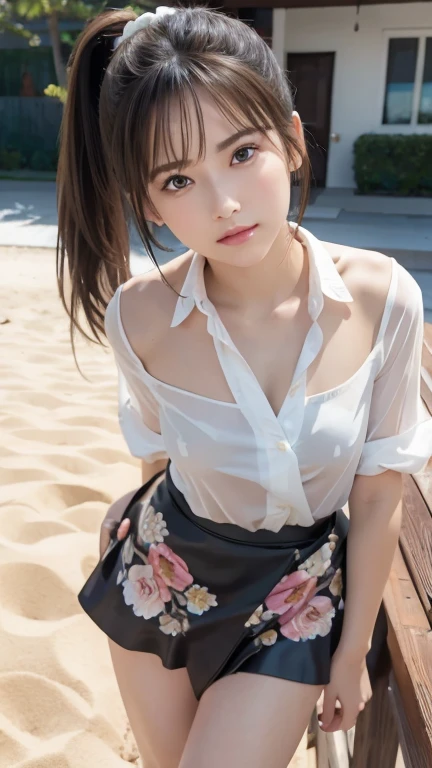 ultra highres,(reality: 1.4),highest quality, masterpiece, high detail, 16K quality, beautiful, 1 beautiful girl,japanese,super beautiful face,baby face,japanese idol face,cute face,super detailed face,detailed hand,beautiful skin,sweaty skin,big eyes,smile,profeccional lighting,medium hair, black hair,brown beautiful eyes, topless,checked skirt,((sitting with knee up)),(skirt lift),(((showing pussy))),detailed pussy,spread legs,medium breasts,black high socks,she is looking at the camera,beach,beautiful blue ocean,blue sky,nsfw,from front,