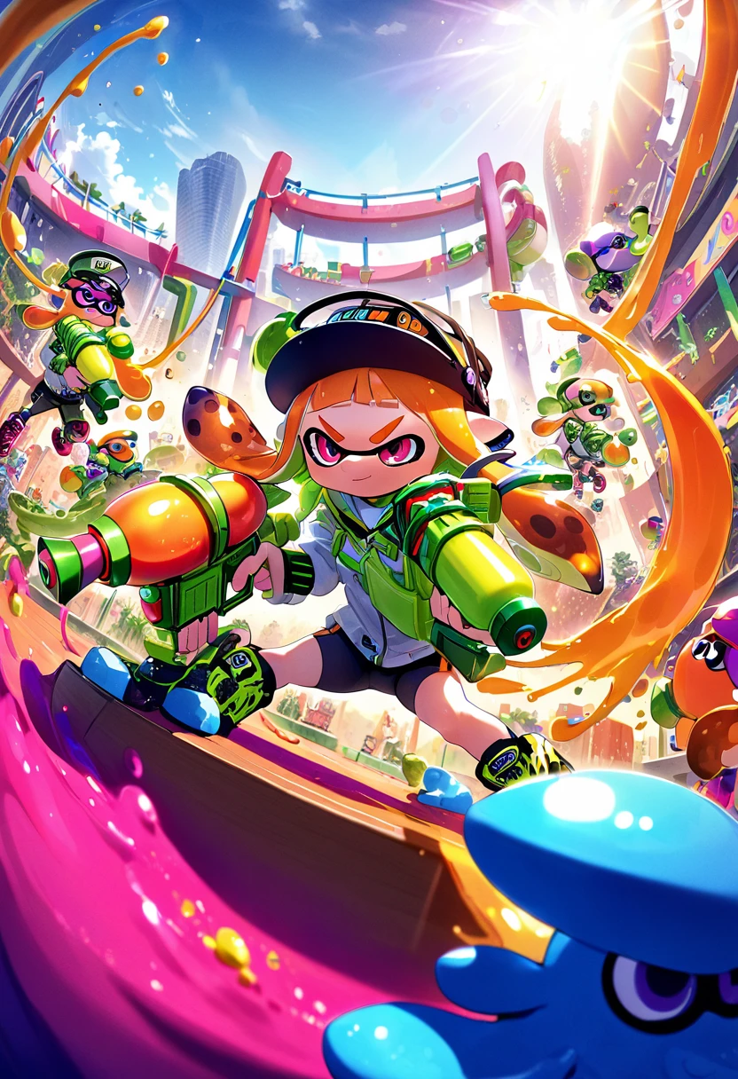 (masterpiece, best quality:1.1), popart, (many Inklings(from "Splatoon") are playing Splatoon pretend in outdoor playground), a lot of ink on their bodies,playing with paint on each other using water-gun and ink-gun,splattered ink,colorful,great joy,volumetric lighting, dynamic pose,sharp,Panorama,magnificent view,