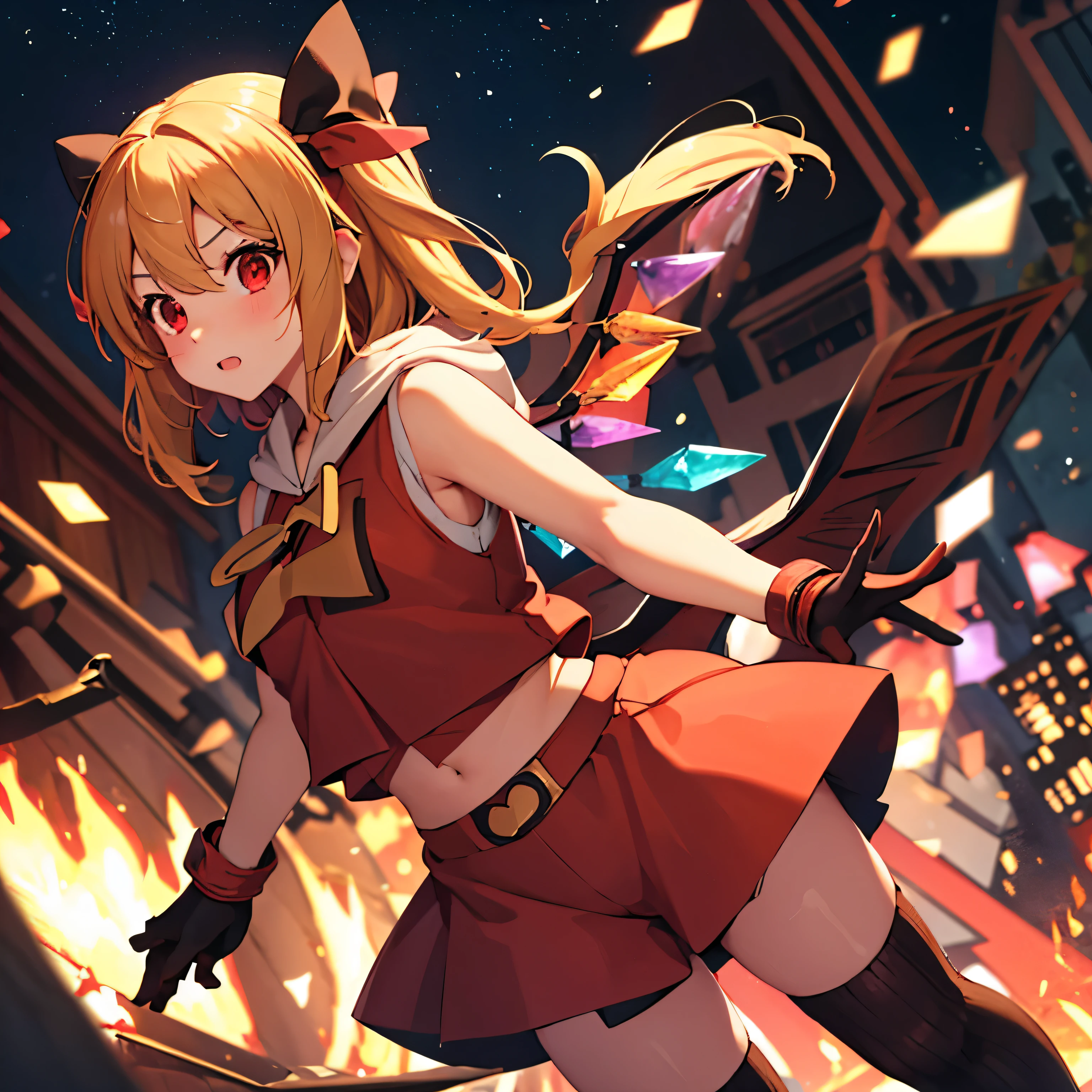 (insanely detailed, beautiful detailed face, masterpiece, best quality), ((masterpiece)),((best quality)),(highres), bokeh, looking at viewer, solo, 1girl, cowboy shot, pkmntmg, tmgoutfit, fake horns, hoodie, red shorts, gloves, red boots, small breasts, flandre_scarlet_touhou, blonde_hair, wings, red_eyes, crystal, bangs, one_side_up, ribbon,bow, blush, vest, red_vest, hair_between_eyes, red_bow, red_ribbon, short_hair