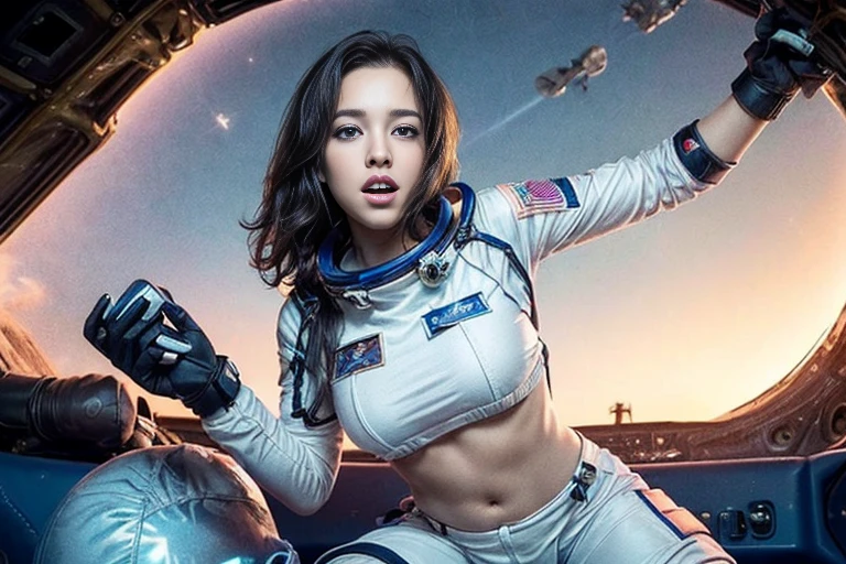 (smile)、((Black Hair))。(((Staring at the audience)))、((Wearing a space suit standing on the moon)),((White bikini shorts))、(((Spacewalk)))、wear spacesuits, 白いDressed in an astronaut costume, Cute girl in a tank top, girl in space, In space, (((Dressed in an astronaut costume))), woman astronaut, ((月面でOpen Stance))、((Sexy young woman's body:1.4))、Large bust、The navel is clean、I can see your belly、Open Stance、