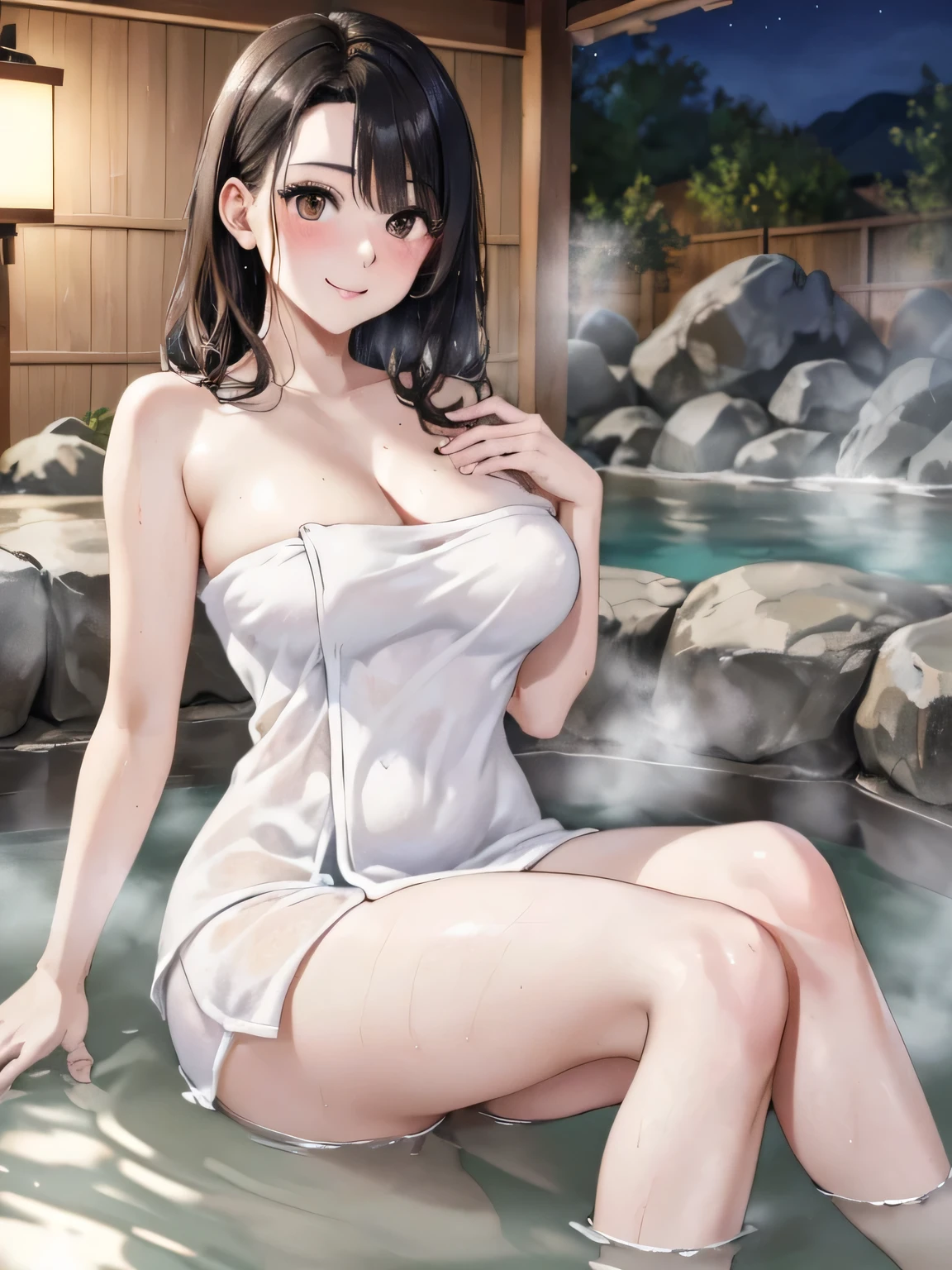 (((Ultra HD))), masterpiece, Please redeem, 8k, Accurate Description, Carefully drawn, Attention to detail, ((Japanese open-air hot spring at night, Large ancient hot spring pool, Soak in a hot spring, steam)), Japanese women,20s Wet short black hair、White skin, Perfect Face, ( Wet Hair), ((Cute appearance)), Detailed depiction of facial features, Brown sparkling eyes, Long eyelashes, double eyelid, 有sweat,smile, , ((Natural Body)), Beautiful body, General body type、, Mid-chest,  ((Bath towels)), Charming Cleavage, sweat, (Tired and resting), (Perfectly detailed hand-drawn rendering), (Slim and smooth legs), Perfect legs, Soft Side Light, Perfect composition, ((Bust image)), Rich environmental details, Dimly lit environment, 