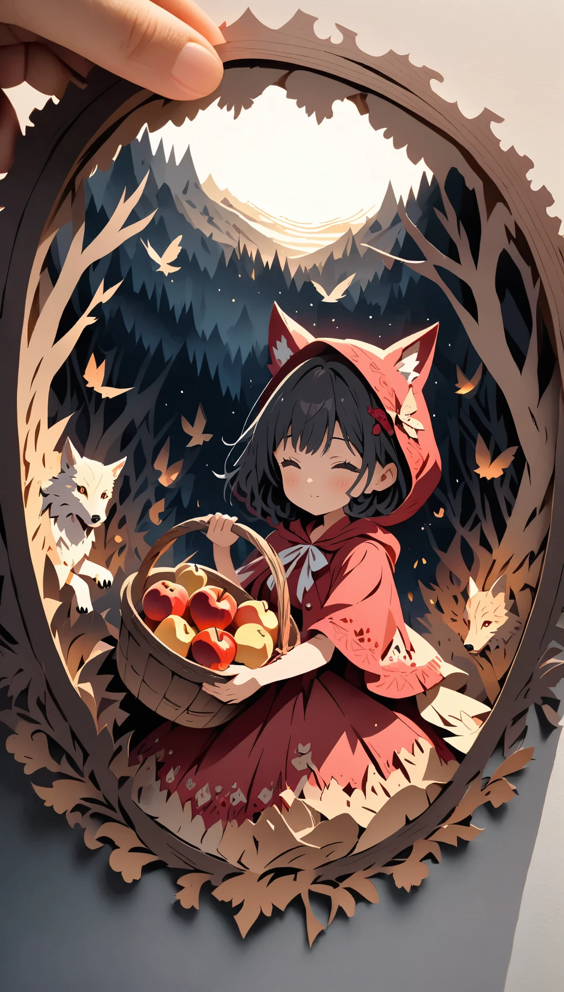 (masterpiece:1.2), (Best Quality:1.2), Ultra-high resolution, Very detailed, Perfect lighting, Little Red Riding Hood, Black Hair, Otherworldly fantasy, Wolf behind,cute, holding a wooden basket full of apples, Pastel colors, Paper cutting art,Flat paper cutout, Anime style illustration,Anime illustration, White background, PAPERCUT