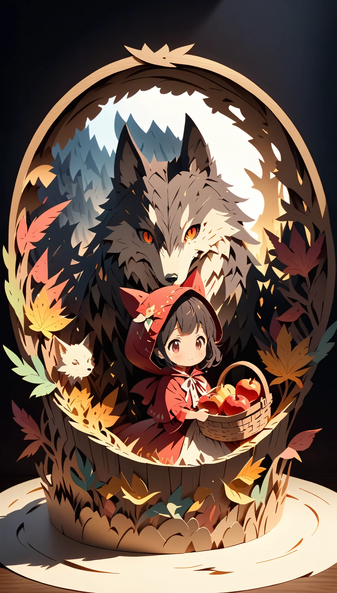 (masterpiece:1.2), (Best Quality:1.2), Ultra-high resolution, Very detailed, Perfect lighting, Little Red Riding Hood, Black Hair, Otherworldly fantasy, Wolf behind,cute, holding a wooden basket full of apples, Pastel colors, Paper cutting art,Flat paper cutout, Anime style illustration,Anime illustration, White background, PAPERCUT