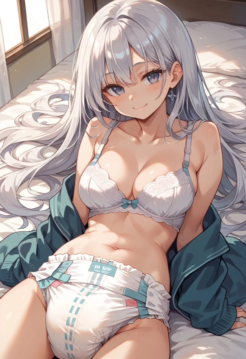 ((masterpiece)), (Highest quality), (Simple style), White hair, braids, long hair, red eyes, indoors, bra, tracksuit, openclothes, miniskirt, panties