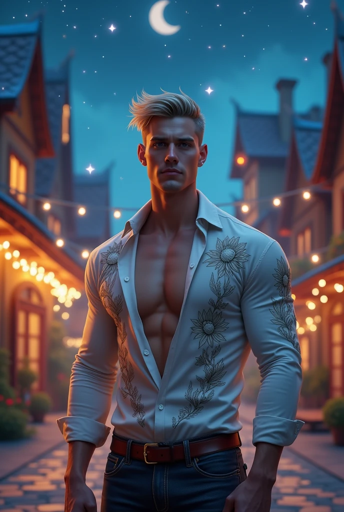 masterpiece, best quality, high resolution, closeup portrait, male focus, solo focus, muscular, burly, hairy, male, a handsome man, 25 years old, with robot body parts, no shirt, chest exposed, body hair, facial hair, white hair, in a cyberpunk city, futuristic atmosphere, neon lights, full body, amazing composition, front view, HDR, volumetric lighting, ultra quality, elegant, highly detailed