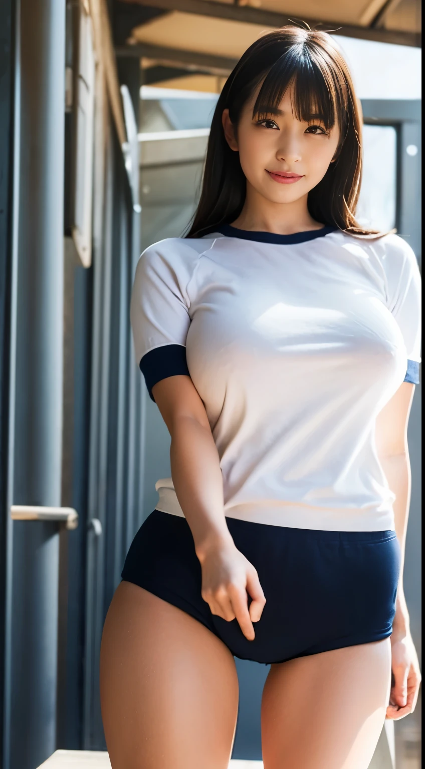 Head to knee portrait、alone、high school girl、White skin、Natural Makeup、Black Hair、bangs、Straight Long Hair、((School-designated gym clothes))、((The upper body is a white short-sleeved gym uniform))、((Long white gym clothes))、(((Very tight bloomers)))、(((Low-rise bloomers)))、(((Navy Bloomers)))、(((Tuck the bottom of your gym clothes into your bloomers)))、Big Breasts、No bra、Big Ass、(((Schoolyard)))、((Realistic fingers))