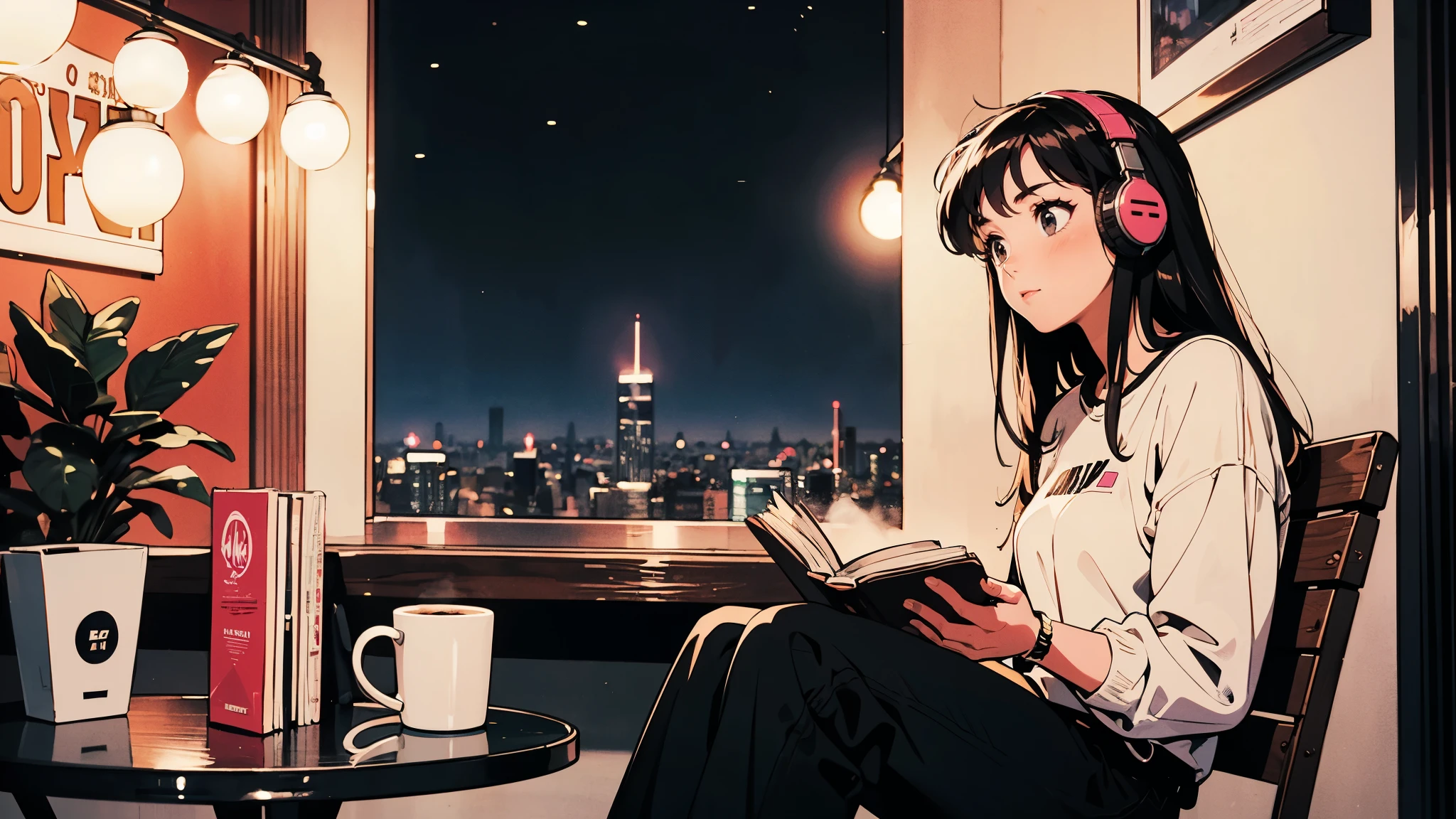 night，A girl reading a book in a quiet corner at home，Her expression is calm and focused，It seems that the whole world only has her and the story in her hands。城市的night外景透过窗户映入眼帘，But her soul is completely peaceful and content.。