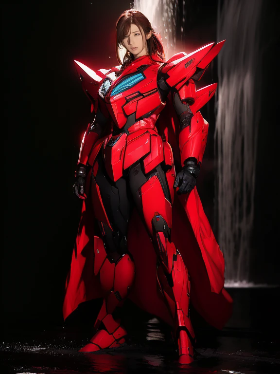 Full Body Shot, Very detailed, The costume colors were inspired by Gundam.、8k, Actual Photos, Impressive lighting, Dynamic action poses, Great energy effect, Black and red color palette, Simple costume design, Advanced Technology, Heroic and powerful, With a large waterfall in the background、Standing。