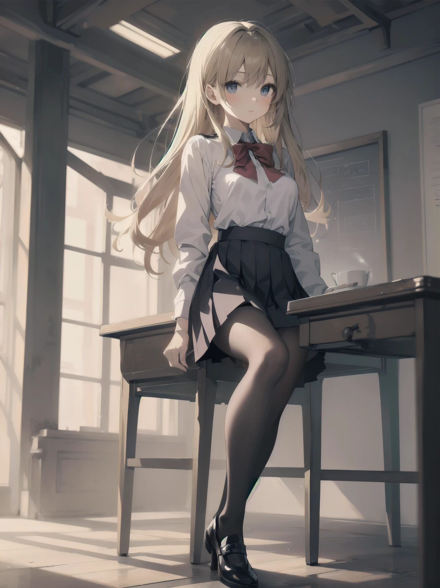 1girl, solo, long hair, breasts, looking at viewer, blush, smile, bangs, skirt, blonde hair, brown hair, shirt, thighhighs, long sleeves, bow, brown eyes, sitting, closed mouth, , jacket, full body, white shirt, braid, thighs, pleated skirt, collared shirt, indoors, bowtie, red bow, feet, white thighhighs, lips, legs, parted bangs, plaid, toes, plaid skirt, no shoes, blazer, blue jacket, red bowtie, knees up, on floor, chalkboard, asuna \(sao\)