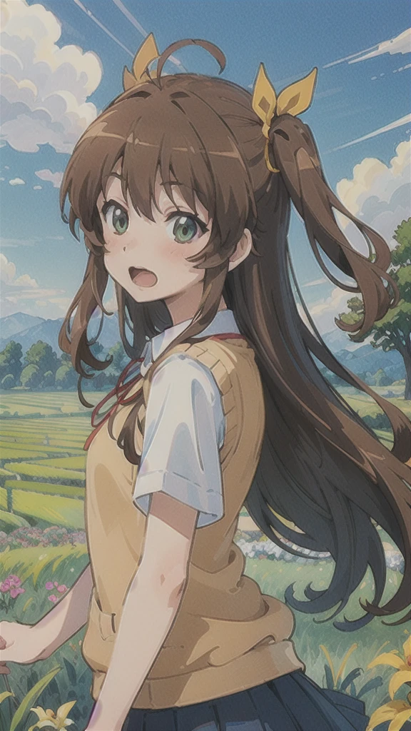 (One girl:1.1),(Koshigaya Komari:1.3),(Non Non Biyori:1.1)Gradient Hair, countryside,Rice field, Flowers and plants, blue sky, Glass窓, scenery, Soft sunlight, Green Eyes, two side up,((Brown Hair)), Long Hair, School uniform, Yellow sweater vest, White shirt, Dark blue skirt, antenna hair, ribbon, (((blushed))),((masterpiece, Best Quality, Best Quality,aesthetic:1.2)),((beautiful detail eyes:1.3)),Extremely detailed, colorful, Best details, Ultra High Resolution, Visually stunning, nice, Abstract art, Extremely detailedな壁紙, Multicolor background, whole body,tree shade, Outdoor, (The beauty of space, colorful hair:1.2), Reflection of light, Glass, (gentle smile:1.2),(open mouth:1.1),((dynamic motion:1.3))