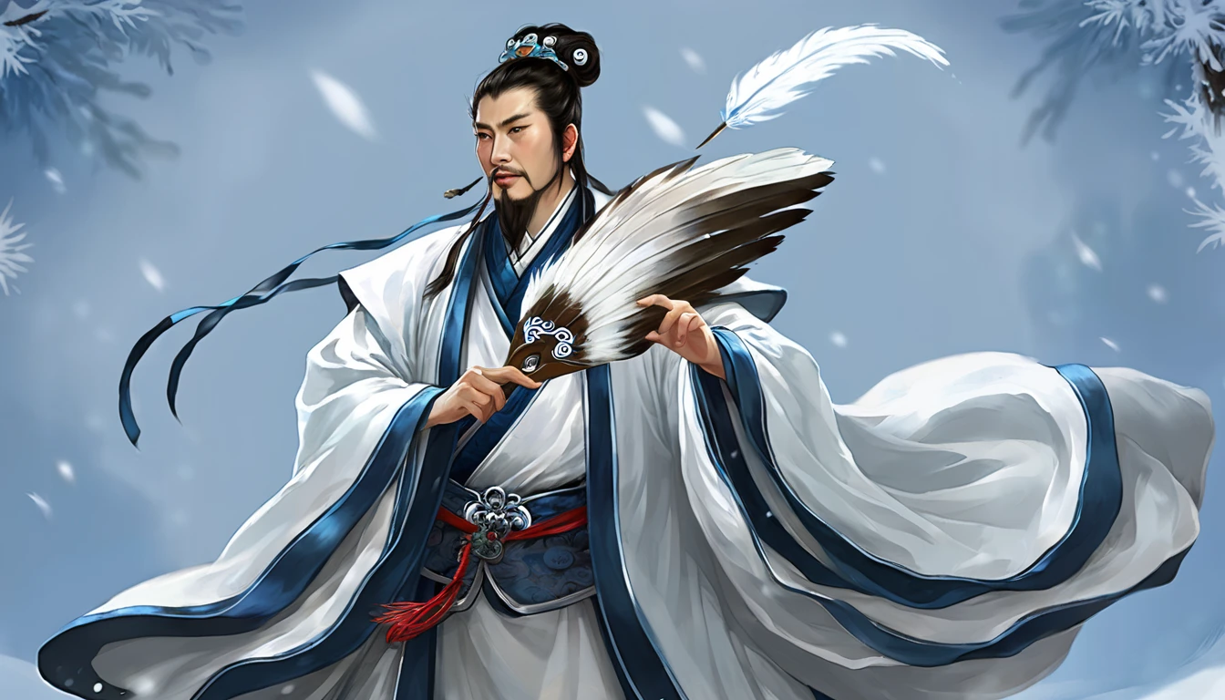 White snow effect、Digital Illustration, Ancient Chinese scholars, Traditional Costume, Embroidered Robe,  Zhuge Liang with the White Tiger,  , White and blue palette, gesture, Serious expression, Attention to detail, Historical figures, Standing pose, Feather fan,  