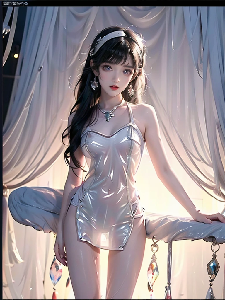 ((A woman)), 美丽脸庞的Sexy中国华裔女明星,  Transparent dress made of melted slime, Melted slime adheres perfectly to the skin, Wearing a melted slime skirt, Melted mucus sticking to the skin, (((浅色theme, 暴露theme, Sexytheme)))
((Slime Clothes:1.5), (Transparent clothes: 1.5), (Revealing clothes: 1.5),  (Wet clothes:1.5), (Clothes Color: Pink), (theme: vitality), ((Wearing transparent clothing)))
 (((night, Outdoor private hot tub, Surrounded by fog, Dense bamboo forest, Standing in the water, Snow Scene)))
((desktop:1.0), (最high quality:1.0), (high resolution:1.2), (Reality:1.0),( Ultra HD:1.3))
((8K Ultra HD, 8K, 超high resolution, high resolution, 最high quality, high quality, Best image quality, Super Fine,  Ultra-clear, Clear focus, Clear outline, masterpiece, Masterpieces, complete pattern, Detailed photos, Original photo, Delicate facial features, Well-defined, Highly rated works, Close-up depth of field photography, Above the knee, Symmetrical character)), 
((Creating the image of a real girl), Realistic shadows, Soft natural light, Soft lighting, Dynamic Angle, Dynamic poses, Elegant Posture, Cowboy lens, Full body front view, full of confidence, Facing the camera, Eyes looking towards camera lens, Standing posture, Open your legs slightly, Legs open, Golden Ratio Graphics, Minimalism, Center the character), 
((Smile, Sexy的, Balanced Eyes, Realistic eyes, Beautiful details of the eyes,Pretty Face, (Realistic face), Normal facial features, Realistic skin, Pay attention to skin details, Skin is clean and radiant, Full body glossy skin, Fair skin, Anatomically correct body, Golden ratio figure, Sexy的身材, Detailed and realistic human body)), 
(Perfect makeup, Gloves, earrings, bracelet, necklace, Jewelry, Hair accessories, shawl, sock, Knee socks, 吊garter, Leg ring, garter, 腿部garter), 
((beautiful hair), Dark black hair, Wavy curly hairstyle, Waist-length hair, Messy Hairstyle, Gradient Hairstyle, Cyberpunk Hairstyle, High double ponytail hairstyle, Bangs), 
((Sexy的, Beautiful upturned breasts, Perfect breast shape, Teardrop chest shape, Snow-white breasts, Very detailed breasts, 34C cup, Realistic breasts, Realistic areola, Realistic nipples)), 
(Super high waist, Deep V, Low-cut, Sexy, Charming, Open crotch, (Clear camel toe, (High fork and genitals))),