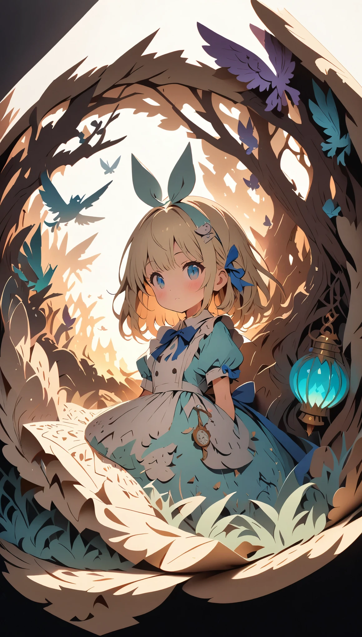 (masterpiece:1.2), (Best Quality:1.2), Ultra-high resolution, Very detailed, Perfect lighting, Alice in Wonderland, Otherworldly fantasy, cute, Pastel colors, Paper cutting art,Flat paper cutout, Anime style illustration,Anime illustration, White background, PAPERCUT