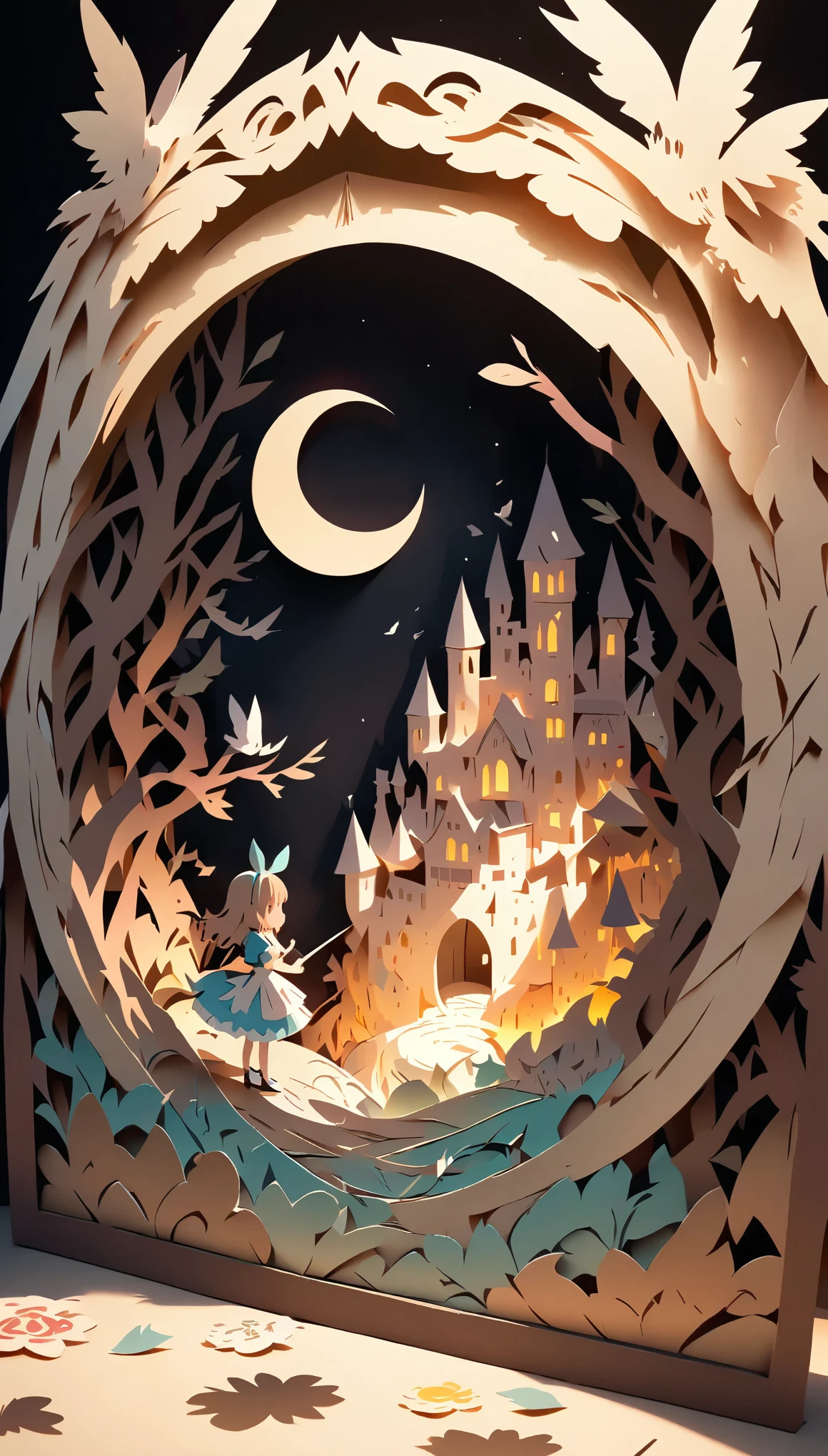 (masterpiece:1.2), (Best Quality:1.2), Ultra-high resolution, Very detailed, Perfect lighting, Alice in Wonderland, Otherworldly fantasy, cute, Pastel colors, Paper cutting art,Flat paper cutout, Anime style illustration,Anime illustration, White background, PAPERCUT