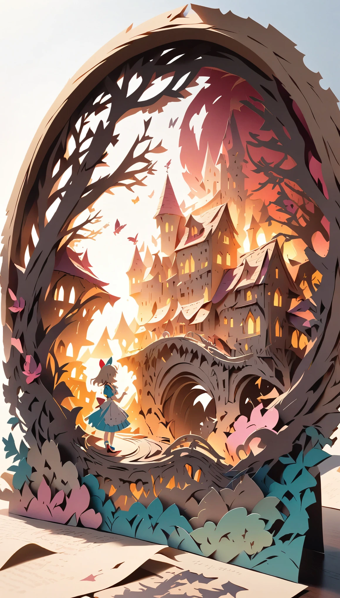 (masterpiece:1.2), (Best Quality:1.2), Ultra-high resolution, Very detailed, Perfect lighting, Alice in Wonderland, Otherworldly fantasy, cute, Pastel colors, Paper cutting art,Flat paper cutout, Anime style illustration,Anime illustration, White background, PAPERCUT