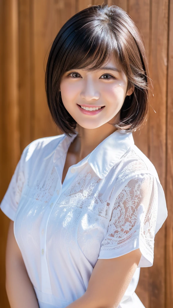 最high quality, 8k, Vibrant, Sharp focus, high quality, High resolution, Middle-aged women, Mature Woman, 49 years old, (Whole Body Ezbian), (Facial details in high heels, Highly detailed eyes, Thick lips, Whole body shape、Plump face、(( 1.6))、Big Ass、Beautiful views、Outdoor，Are standing，White T-shirt，Hairstyle is free、A kind smile、sunlight，