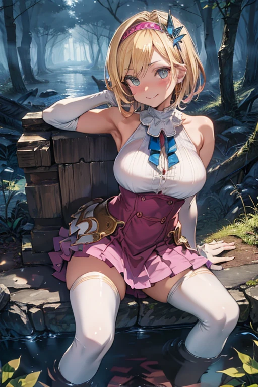  spread legs, open legs, 
(Oblique angle:1.2),arched back, (leaning back), arm support, (Perspective),  (sitting),
seductive grin smug, embarrassed, drunken eyes, blush, 

djeeta,Zeta,One Girl,Blonde,Shiny Hair,Short Hair,Hairbands,Brown eyes,
Shiny body,(Huge breasts, Glamour:1.1),(Huge hips),Tight waist,Long legs,
High resolution,Sharp focus,(Super detailed,Very detailed),(Very detailed CG unity 8k wallpaper),(((Vibrant colors))),{best illustration},
Beautiful Eyes,Symmetrical eyes,Big Eyes:1.5,Seductive eyes,((complete anatomy)),Perfect Fingers,

(((Glamorous clothing))),djeetadef, hair band, armor, pink dress, bow, pink skirt, thigh boots, gauntlets,((White underwear)),
Ancient Forest,Forest Fountain,Silent Water Surface,Plants are overgrown,reflection,Dazzling Light, Ancient ruins buried in the forest,weed,
