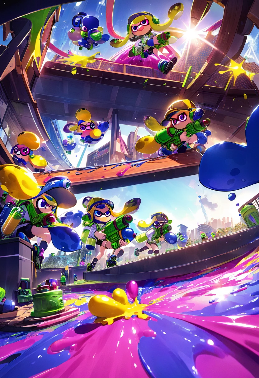 (masterpiece, best quality:1.1), popart, (many Inklings(from "Splatoon") are playing Splatoon pretend in outdoor playground), a lot of ink on their bodies,playing with paint on each other using water-gun and ink-gun,splattered ink,colorful,great joy,volumetric lighting, dynamic pose,sharp,Panorama,magnificent view,