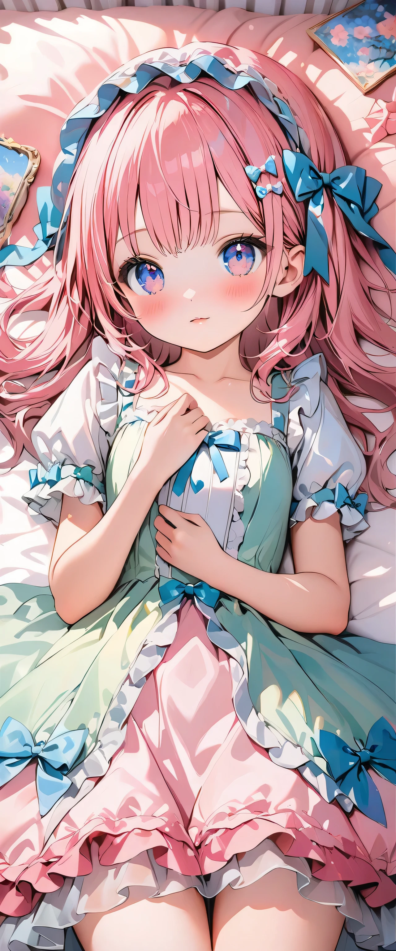 ((ultra quality)), ((ultra detail)), ((top quality)), pastel colored fluffy cute dress, frills and lace and ribbon, (sweety bedroom:1.2), cowboy shot, portrait, hyper detail face, hyper beautiful eyes, ((anatomically correct)), (((correct hand))), soft lights, soft edge, RAW photo, mixed technique of oil painting and watercolor, lying,
