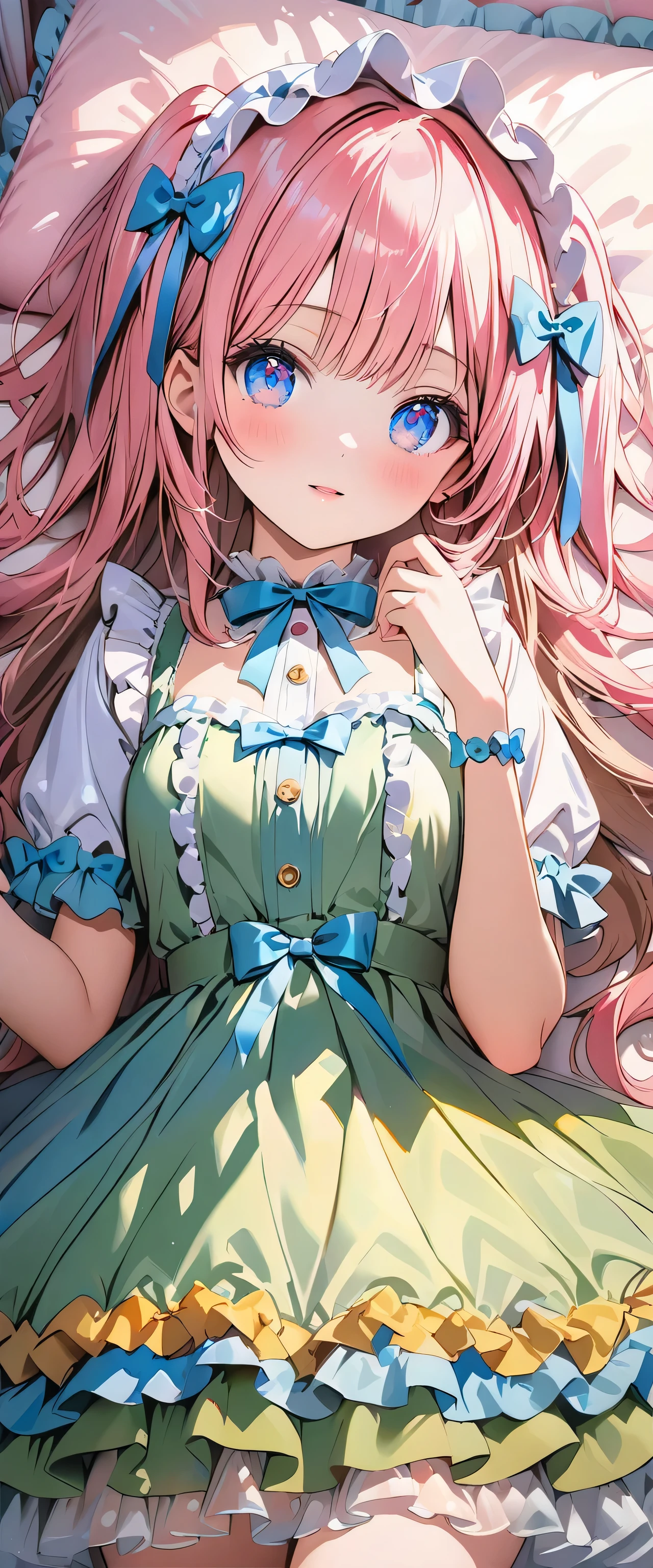 ((ultra quality)), ((ultra detail)), ((top quality)), pastel colored fluffy cute dress, frills and lace and ribbon, (sweety bedroom:1.2), cowboy shot, portrait, hyper detail face, hyper beautiful eyes, ((anatomically correct)), (((correct hand))), soft lights, soft edge, RAW photo, mixed technique of oil painting and watercolor, lying,