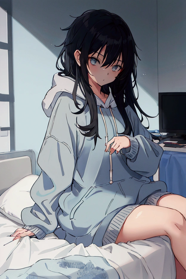 a girl ( high quality ) greyish black hair , turcoise over sized hoodie , on a bed , ( blue shade backround )