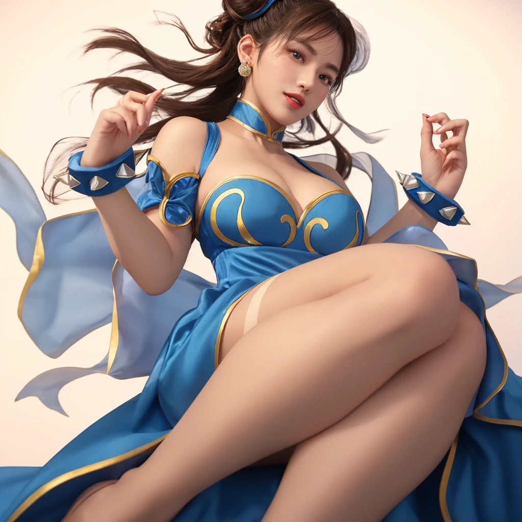 Chun- li，Bun head，Cool clothes，Dress up in style，with blue sky and white clouds，8K