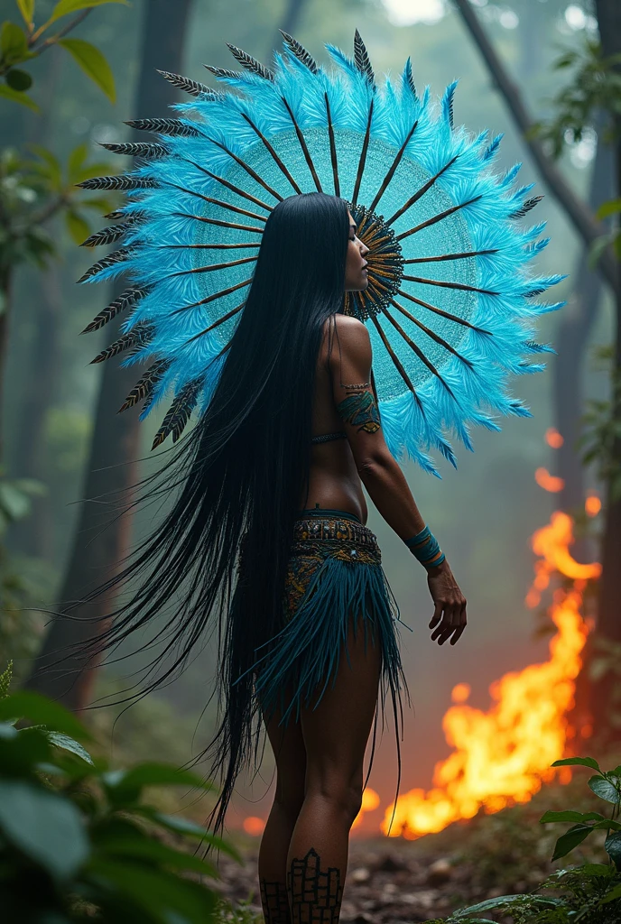 American Indian woman with a defined body and black hair, wearing a headdress with light blue and green feathers at a waterfall standing on a rock
Barefoot