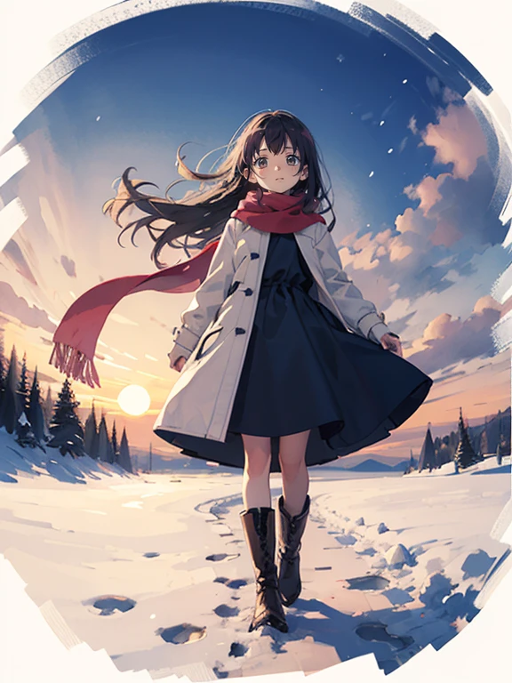 masterpiece，Best Quality，High image quality，(Superflat, Flat Shading )，Fisheye Lens，Beautiful petite trained young mother and very cute trained daughter:1.25，Warm scarf， (naked)，Long Hair, Boots, smile, smile, White Breath，fun, play, winter, snow, dusk，Beautiful sunset，Wide angle, Vibrant colors, watercolor, Ghibli style，Strong winds，Girl&#39;s Temptation，