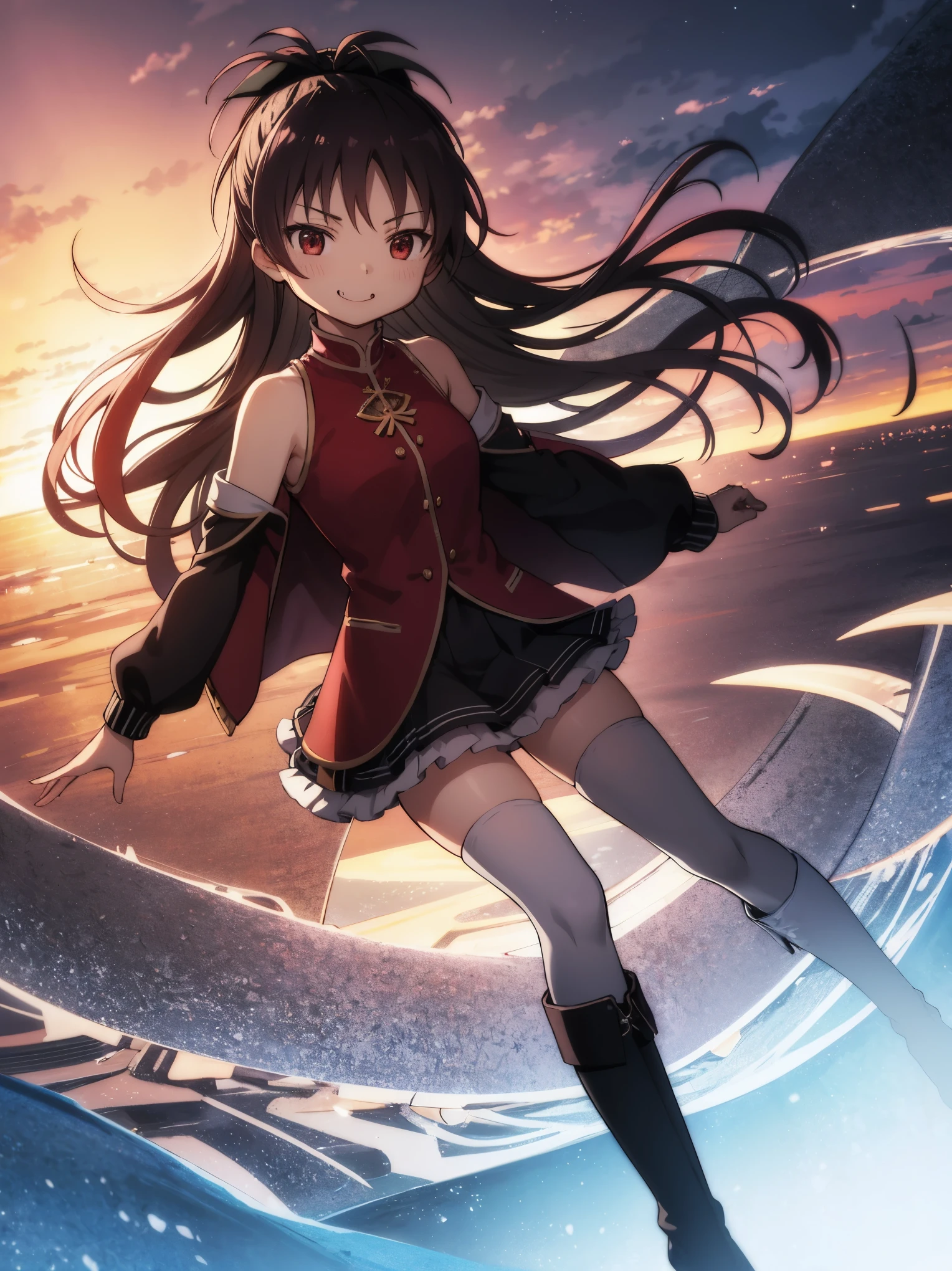 best quality, integrated scenery, integrated background, extremely delicate and beautiful, meticulous details, good composition, cute face, perfect face, perfect hands,Haircuts, pixie cut,
BLAKE, armsleeves, hair_ribbon ,black_Thighhighs , bare_shoulder, No_sleeve_turtleneck_red_jacket,long_hem_jacket, darkred_long_hair,red_eyes,fang
sunset_sky_landscape、smile, solo,rising_leg,solo,open_legs, hair_bow,high_ponytail,solo, short_skirt, boots,