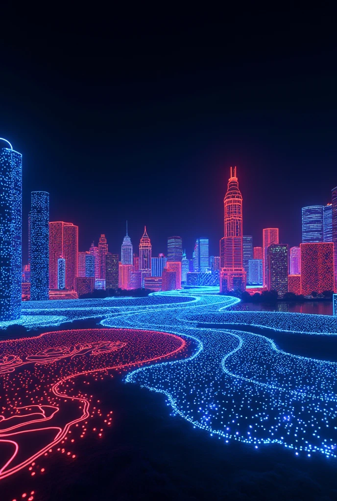 conceptual installation art, neon line art, city nightscape drawn with only dots and lines, BREAK delicate and dynamic textures, contrasts of light and shadow, 2.5D, artistic photography, hyper realistic, digital graphic CG, BREAK ultra detailed, absolutely resolution, best quality