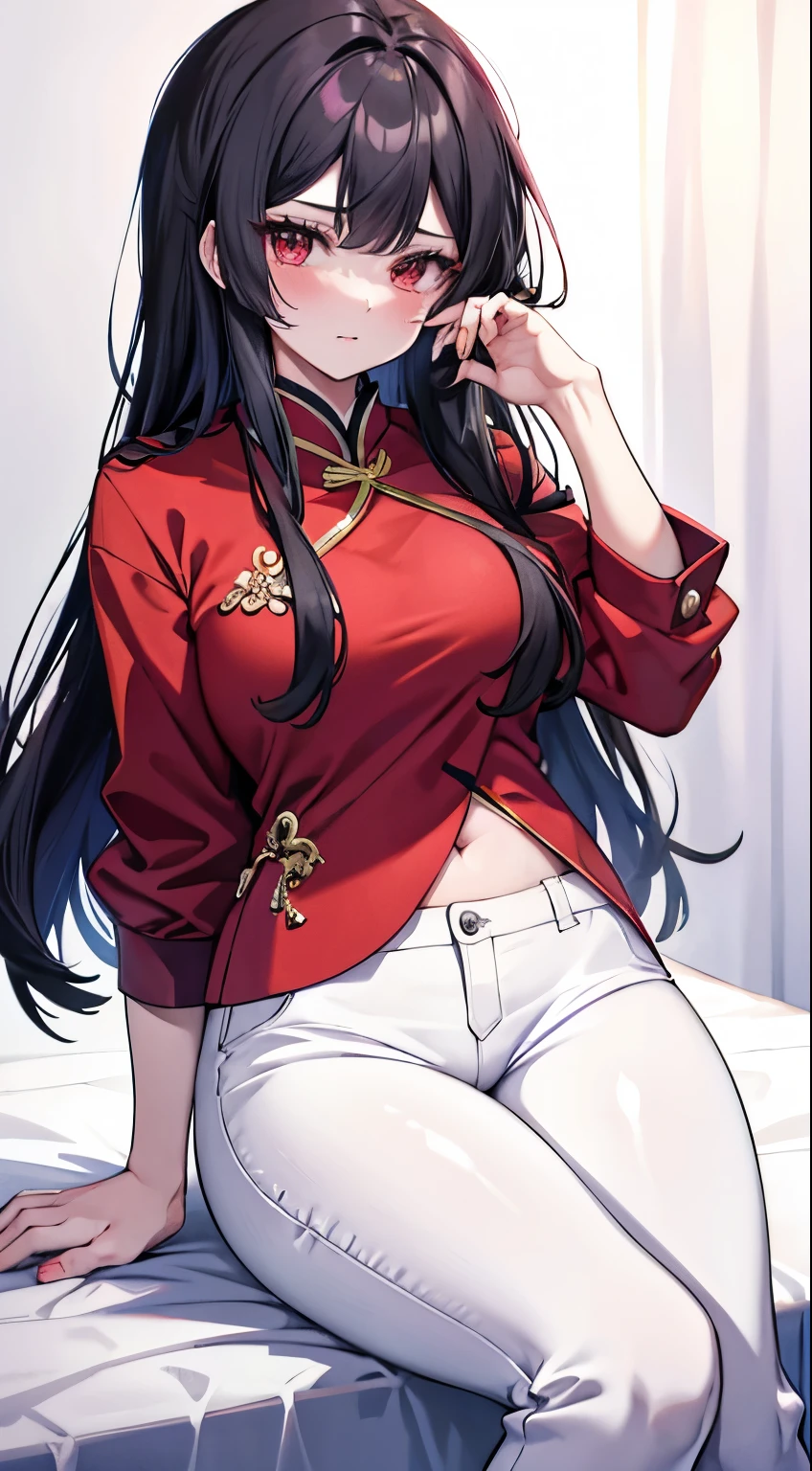 Black hair，Red eyes，Long hair，，Large Breasts，Sonya【Pokémon】，beauty，Chinese Wife，Red top，White pants，blush，Bedroom Background