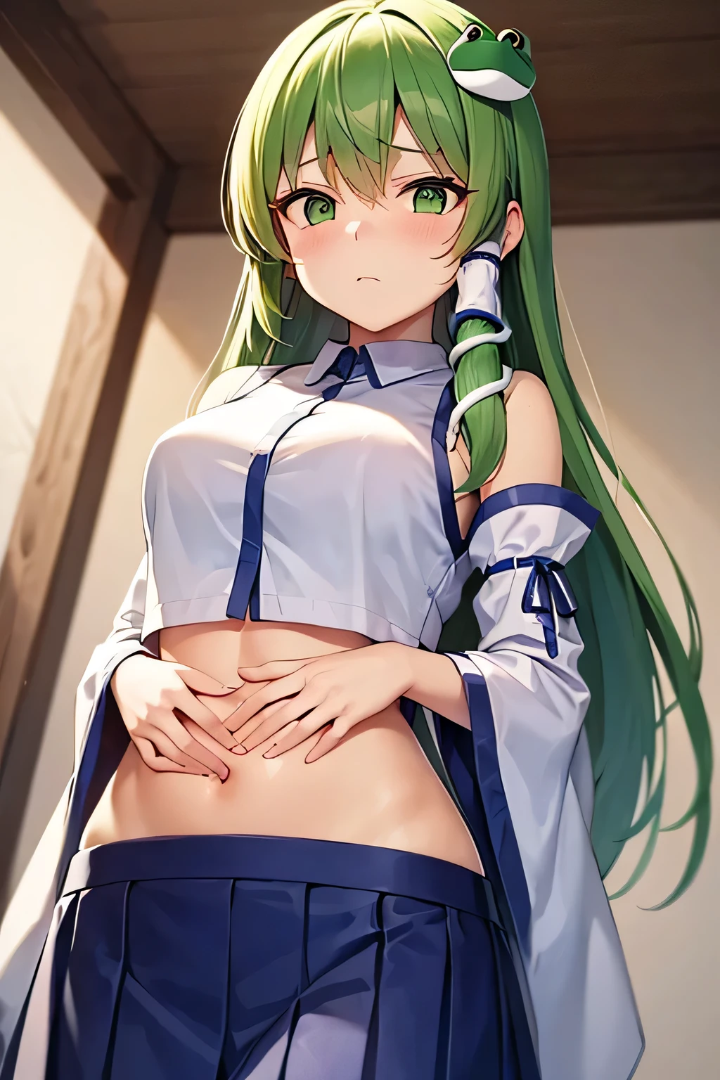 super fine illustration, vibrant colors, masterpiece, sharp focus, best quality, depth of field, cinematic lighting, ultra detailed, blush, navel, shrine maiden, kochiya sanae, looking down, very long hair, green hair, green eyes, hair tubes, frog hair ornament, snake hair ornament, detached sleeves, white shirt, blue pleated skirt, miko, makeup, annoyed, indoors, hands on own stomach, 1girl, mature woman, crop top overhang, wide hips
