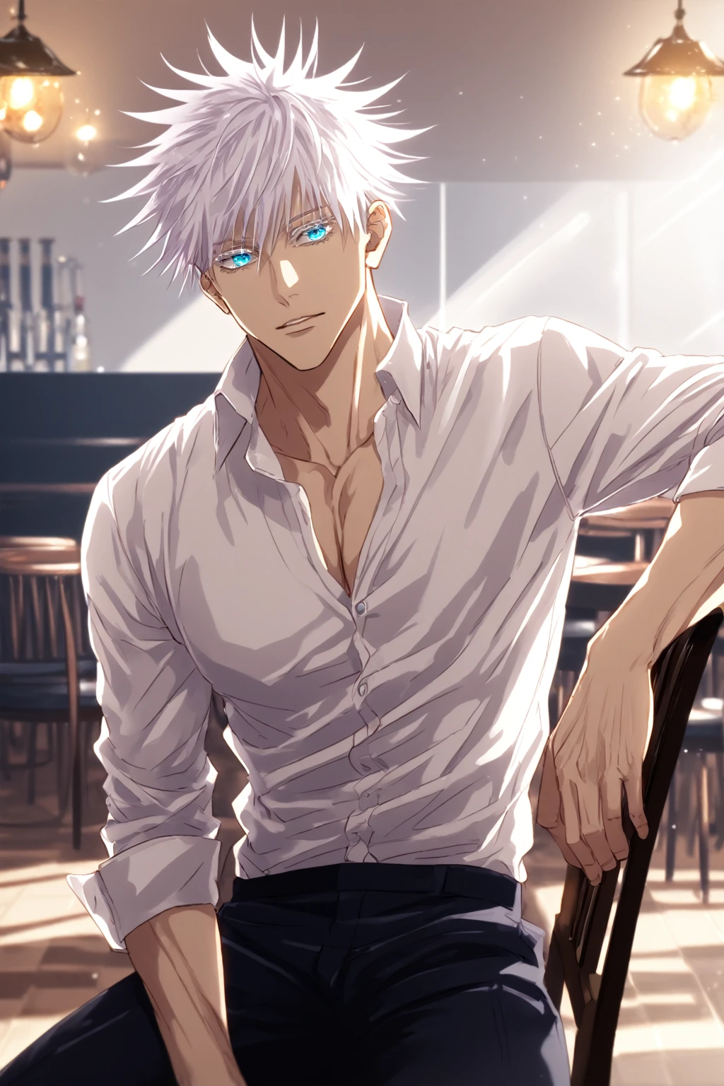 Full Body Portrait, Jujutsu Kaisen, Gojou Satoru, 1boy, Solo, Looking at viewer, Handsome, Sexy Man, Sensual, Handsome, Sexy Man, Sensual, Blue Eyes, White Hair, Short Hair, Spiked Hair, Hair Between Eyes, Tall, Lean, Muscular, Toned Chest, Light Skin, ((White Shirt, Pants)), Sitting, Chair, Cafe, Cinematic Lighting, Masterpiece, 4K, Best Quality, High Resolution, Accurate, Award Winning, (SuperQuality:1.0) ~ (SuperQuality:1.2)