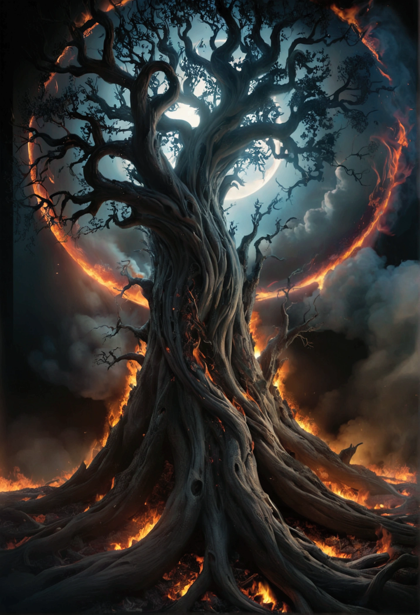  a shape that reaps life, the end of the world, a symbol of destruction, destruction, dark fantasy, smoke, a rotten tree, a solar eclipse, intricate details, highly detailed, photorealistic, 8k, dramatic lighting, moody colors, somber tones, cinematic composition