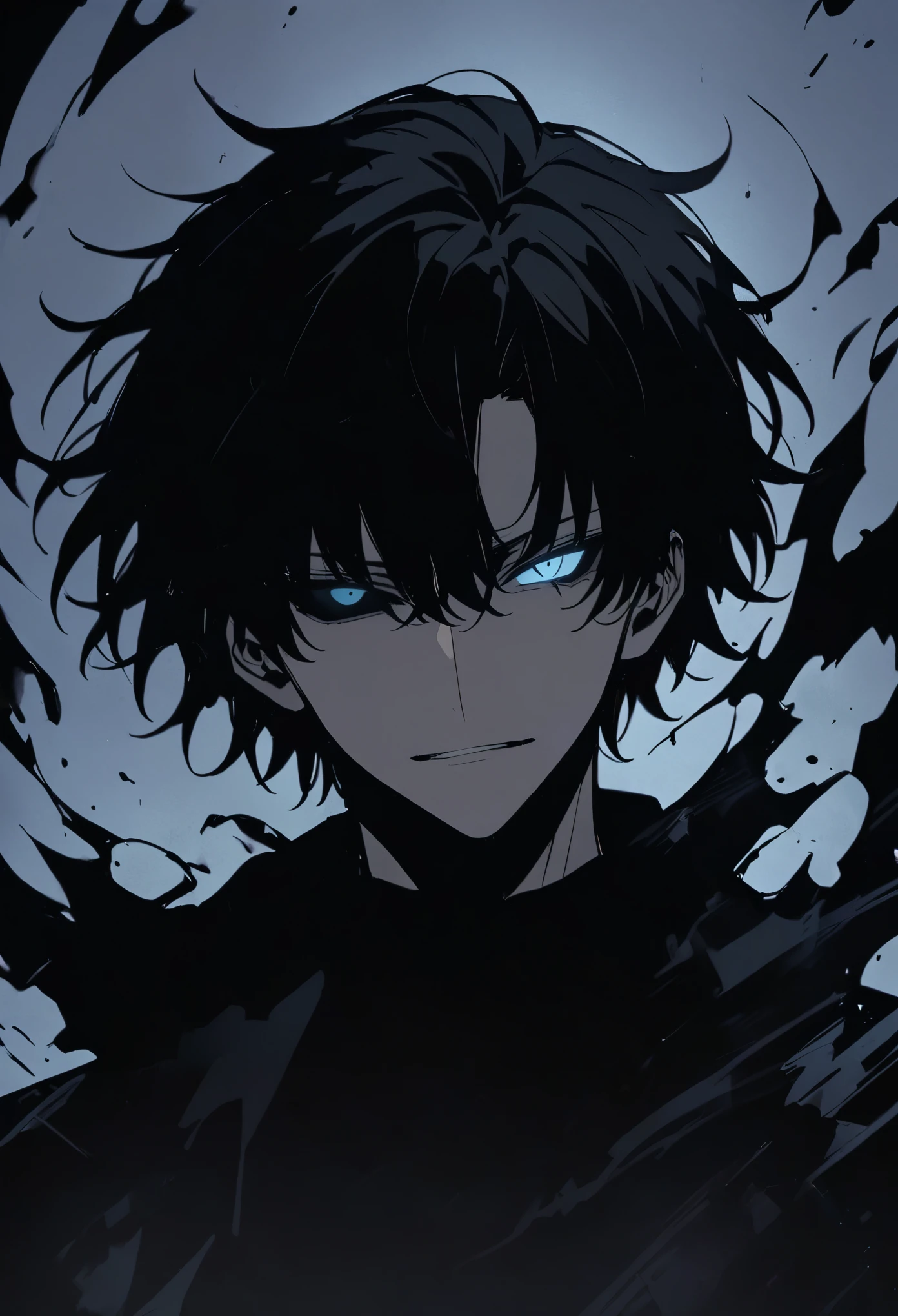 good looking, Alone, 1 male, Black coat, Black Shirt, Short Hair, Black Hair, Light blue eyes, Black Flame, Cool face, Black sclera,